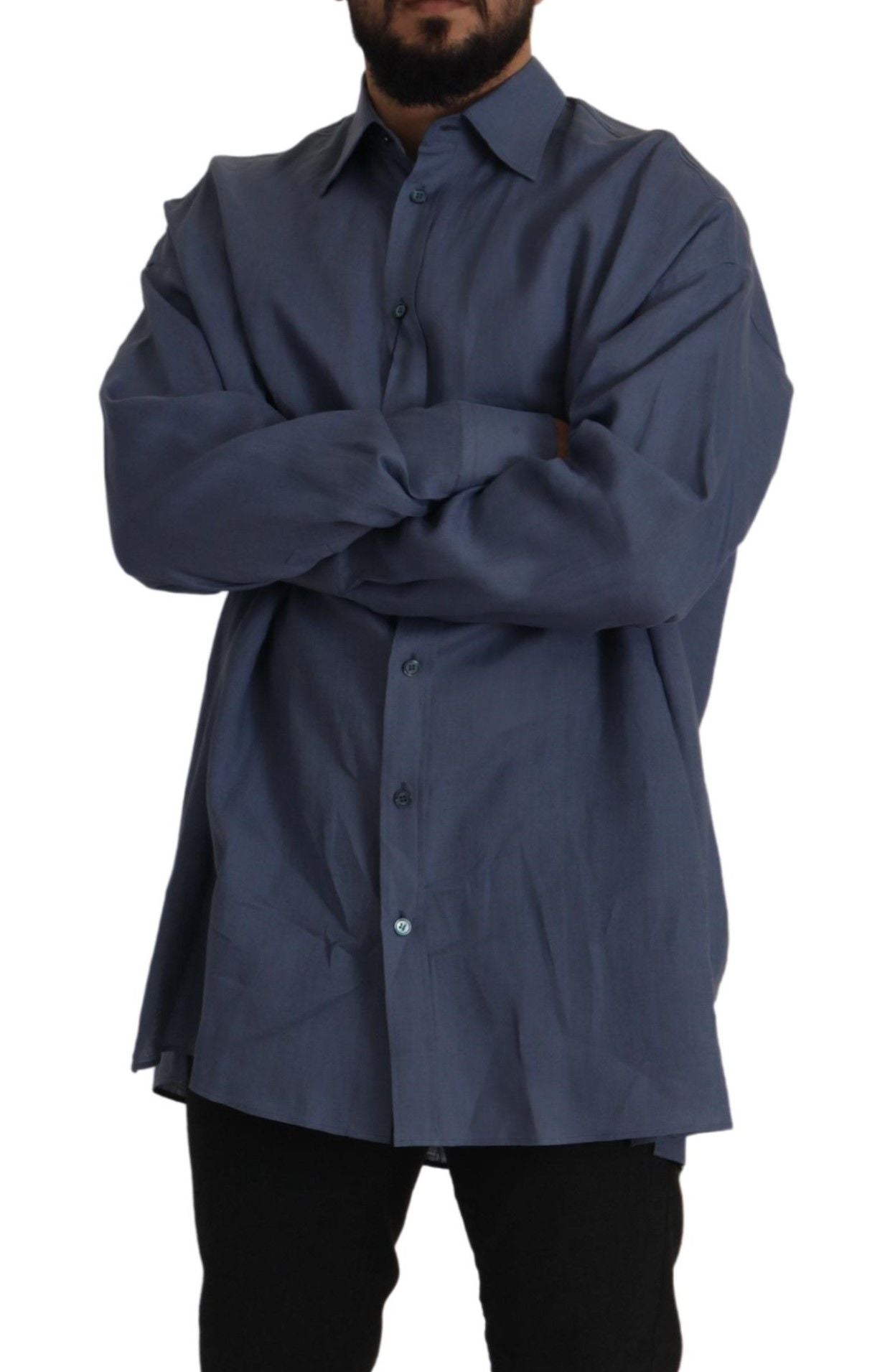 Donkerblauw linnen slim fit overhemd voor heren
