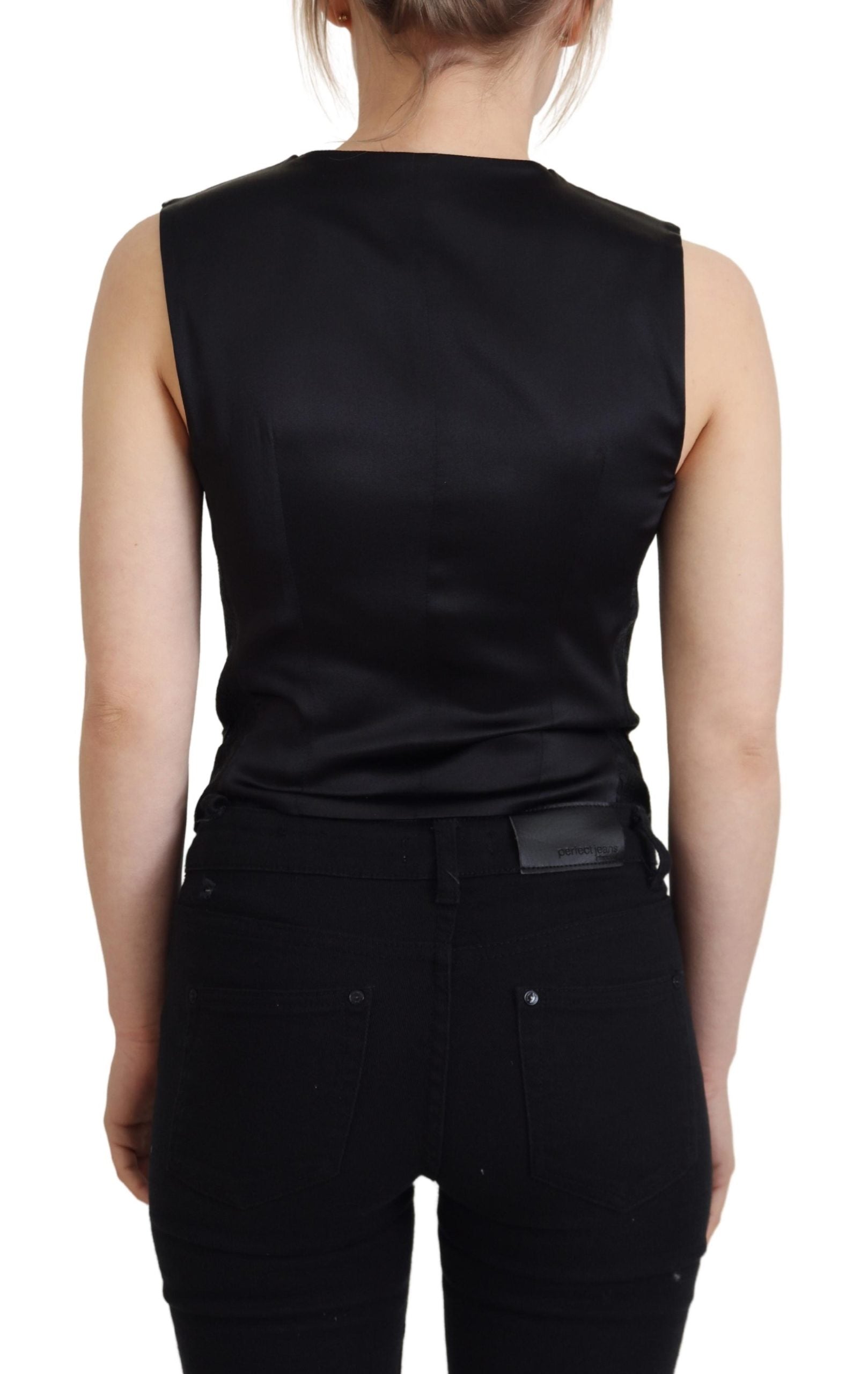 Zwarte brokaat top met knoopjes en mouwloos vest
