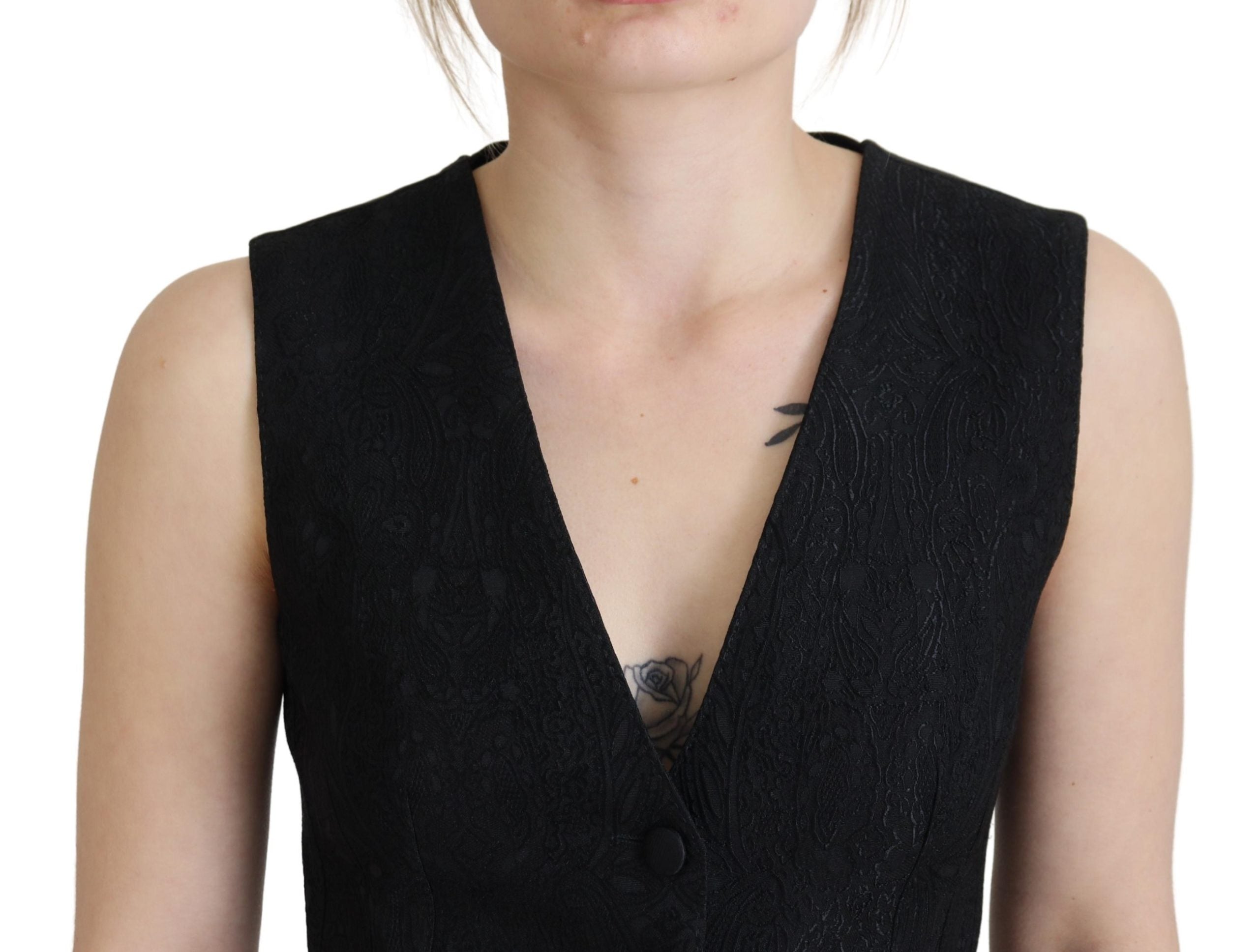 Zwarte brokaat top met knoopjes en mouwloos vest