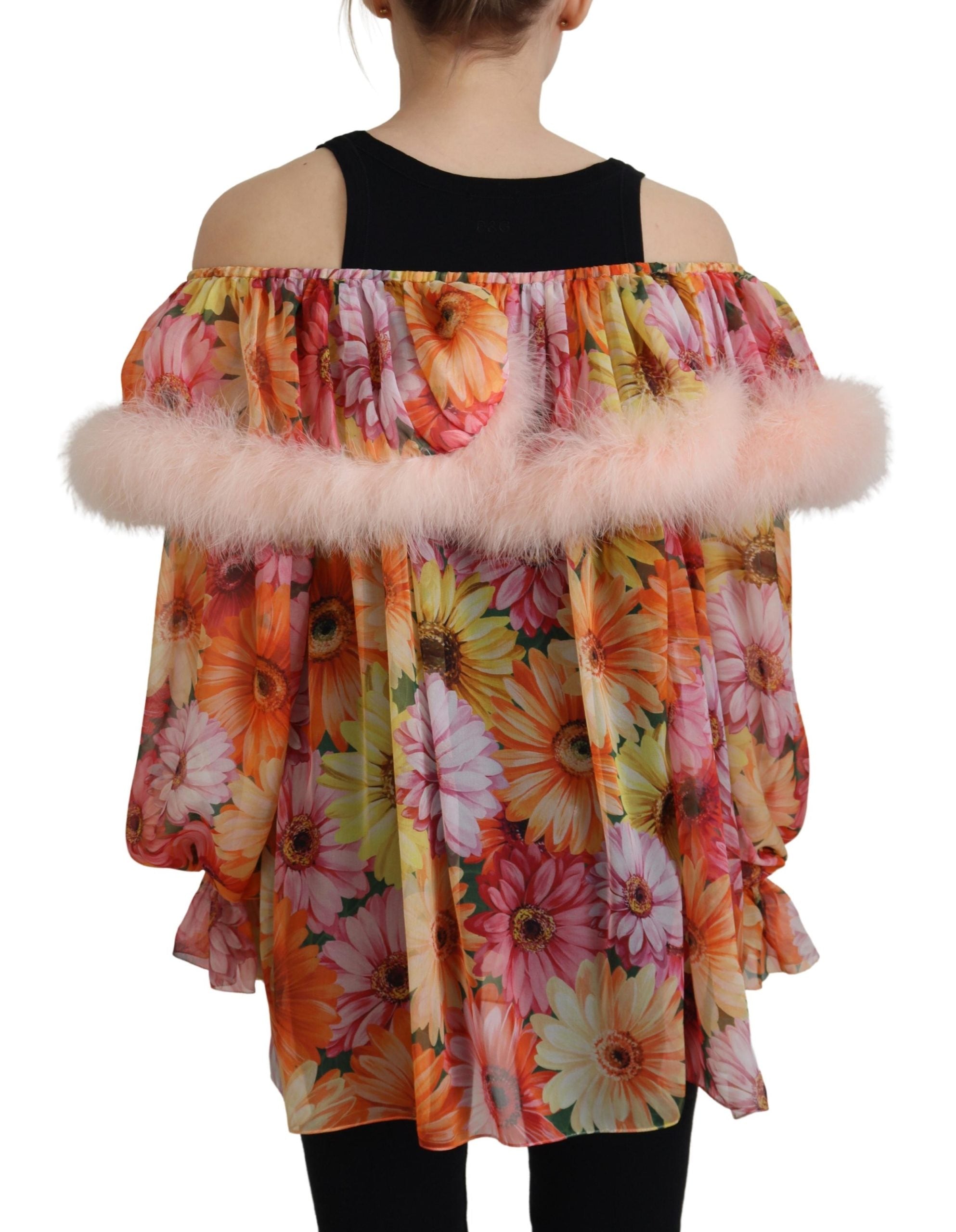 Blouse met veelkleurige bloemenprint en schapenvacht