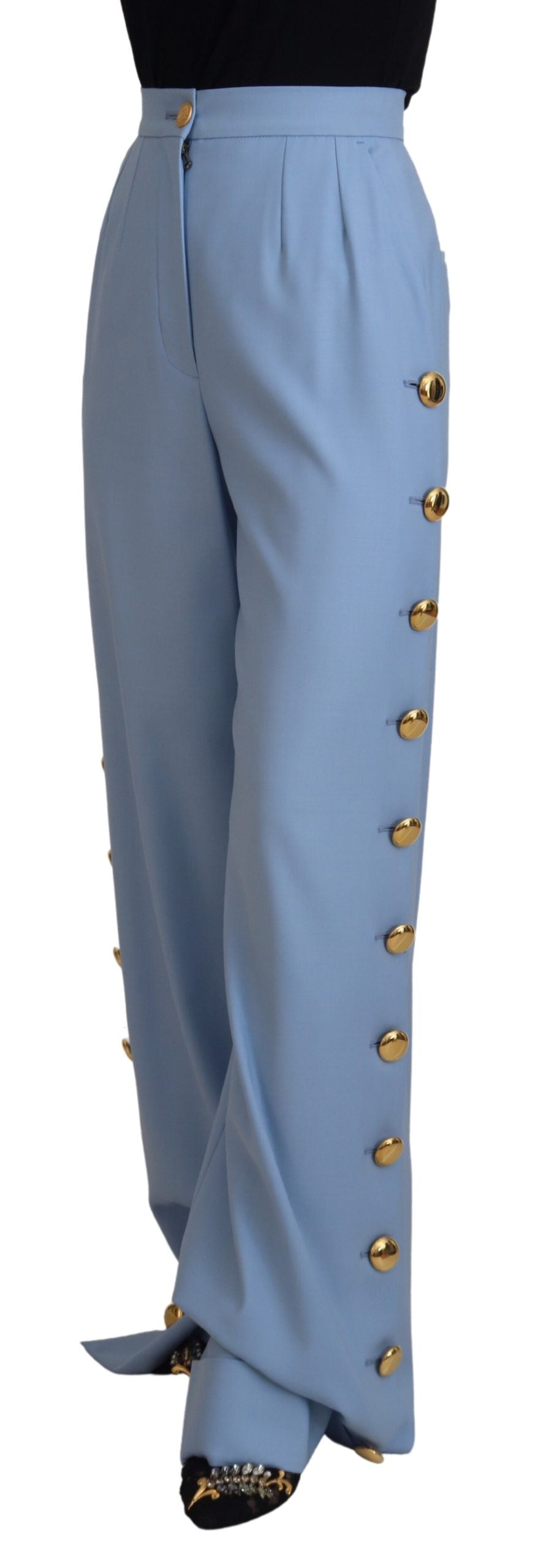 Lichtblauwe broek met wijde pijpen en knopen