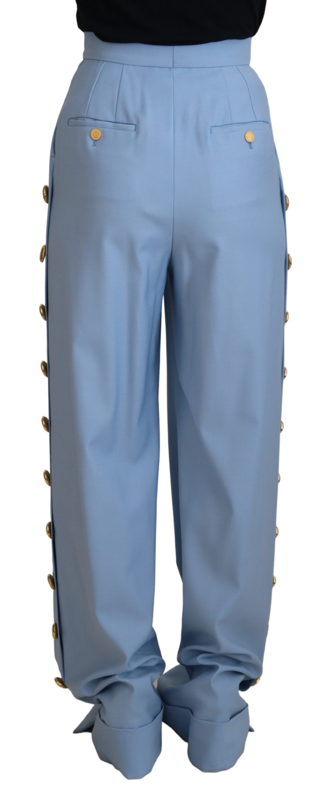 Lichtblauwe broek met wijde pijpen en knopen