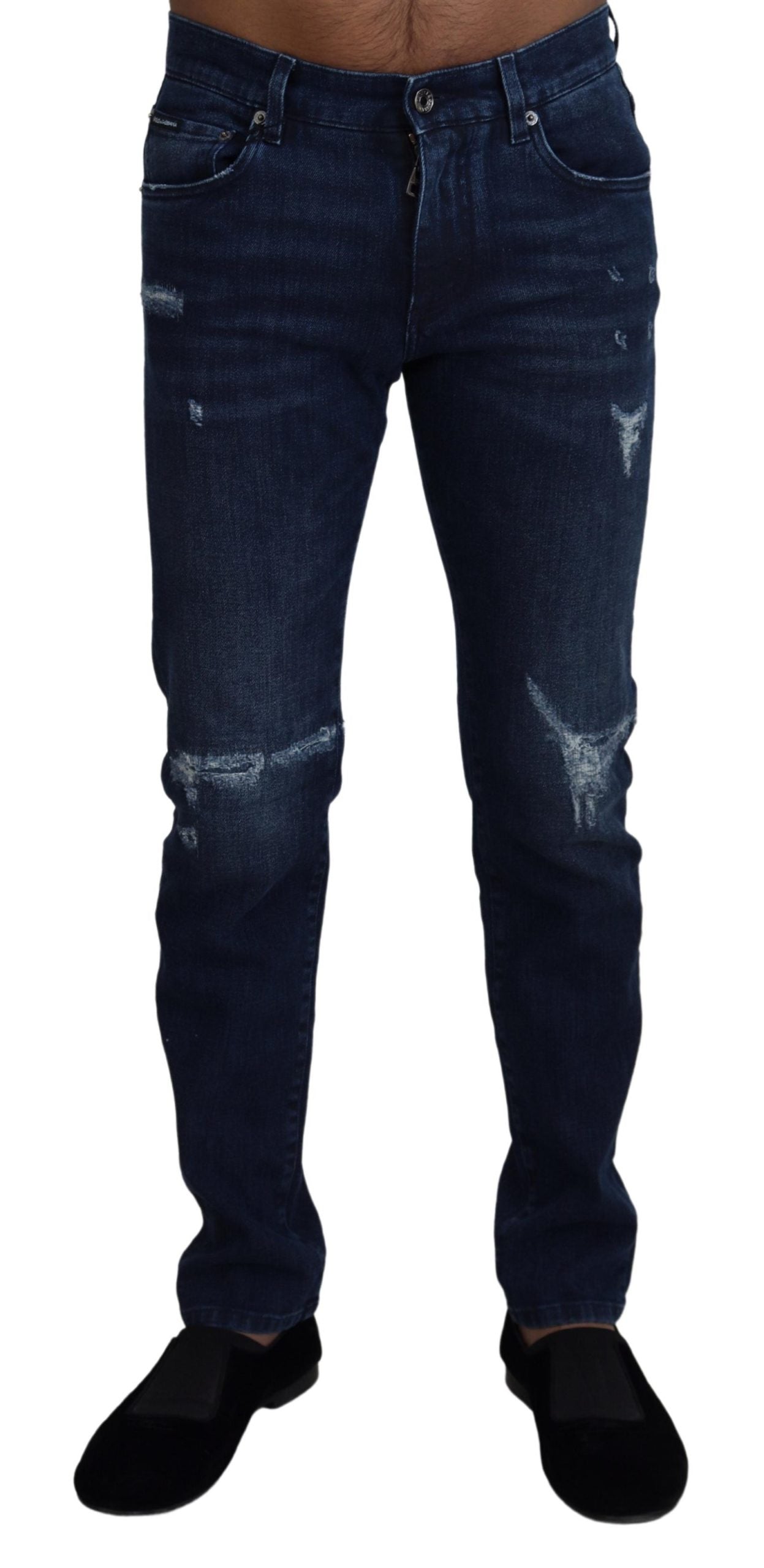 Blauwe katoenen skinny gescheurde denim jeans