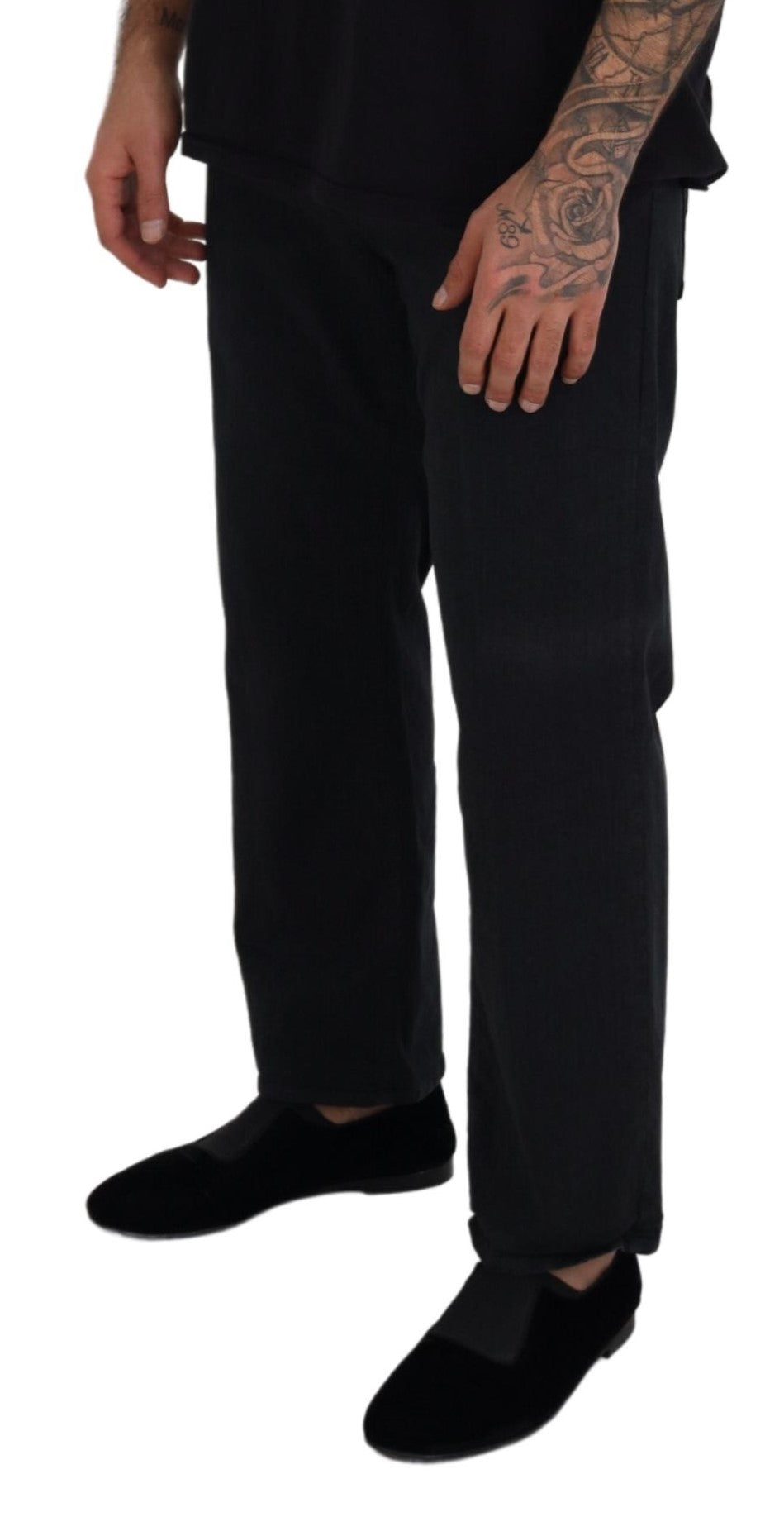 Zwarte katoenen casual denim jeans met gesp aan de achterkant