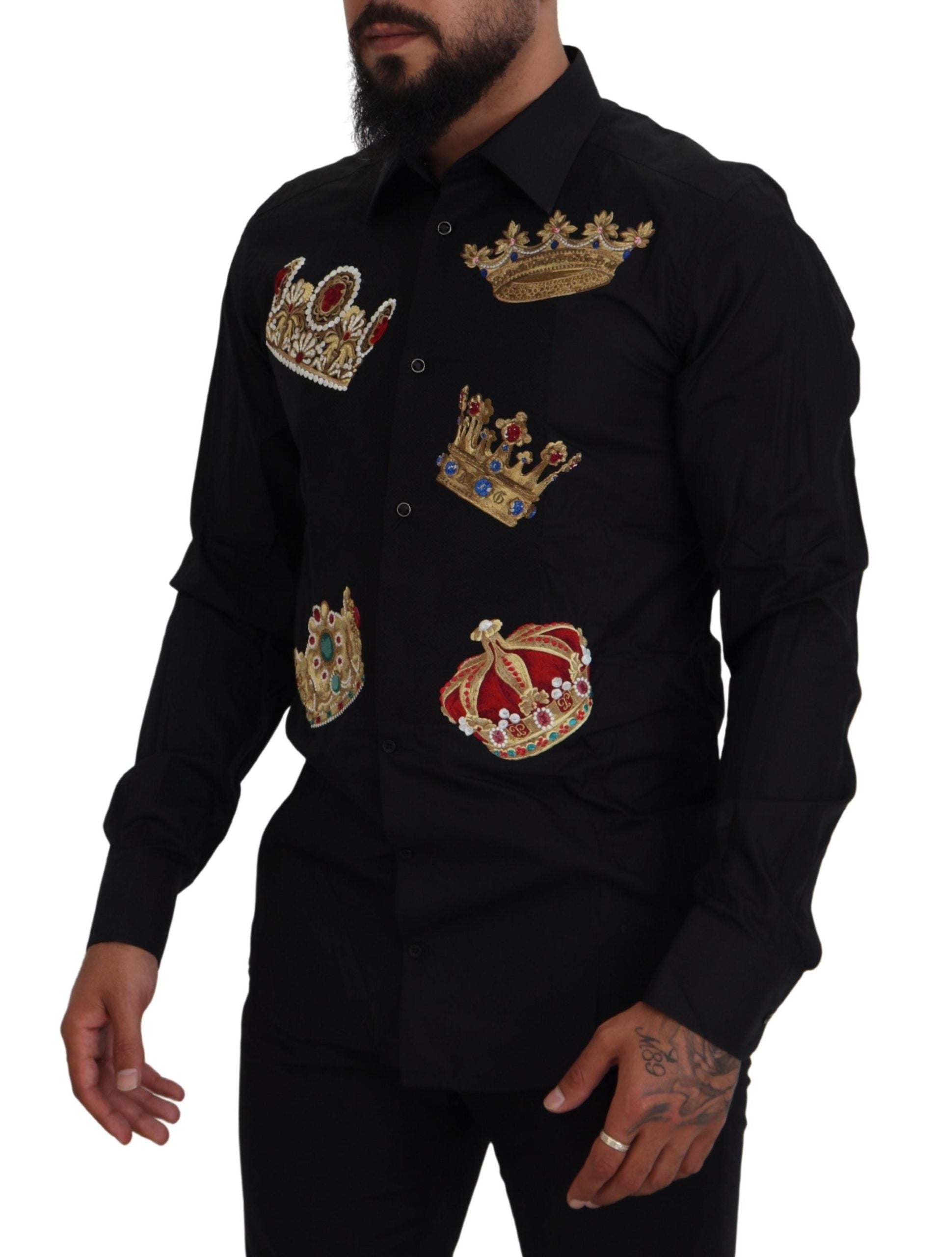 Zwart Goud Kroon Slim Fit Formeel Overhemd