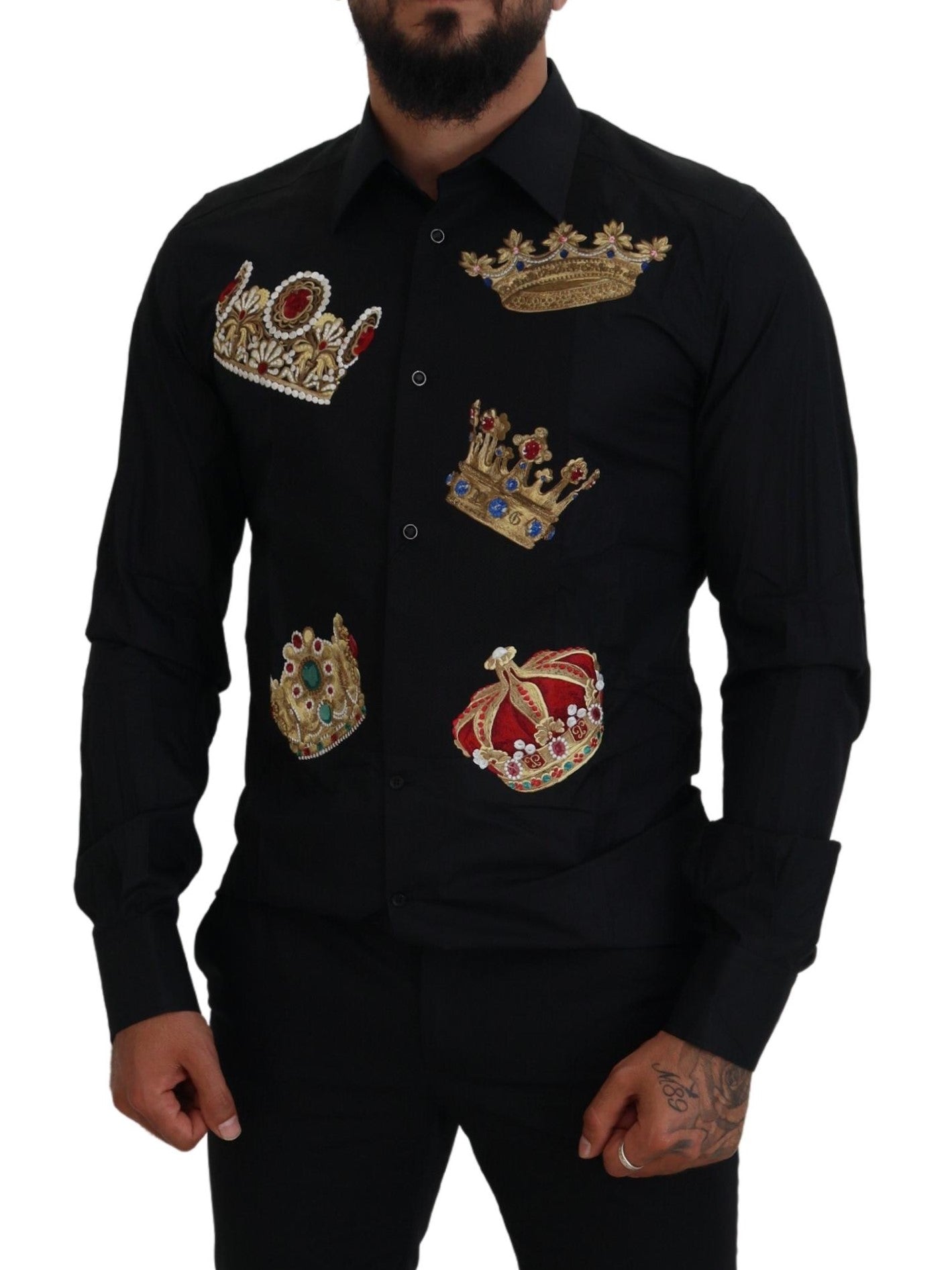Zwart Goud Kroon Slim Fit Formeel Overhemd
