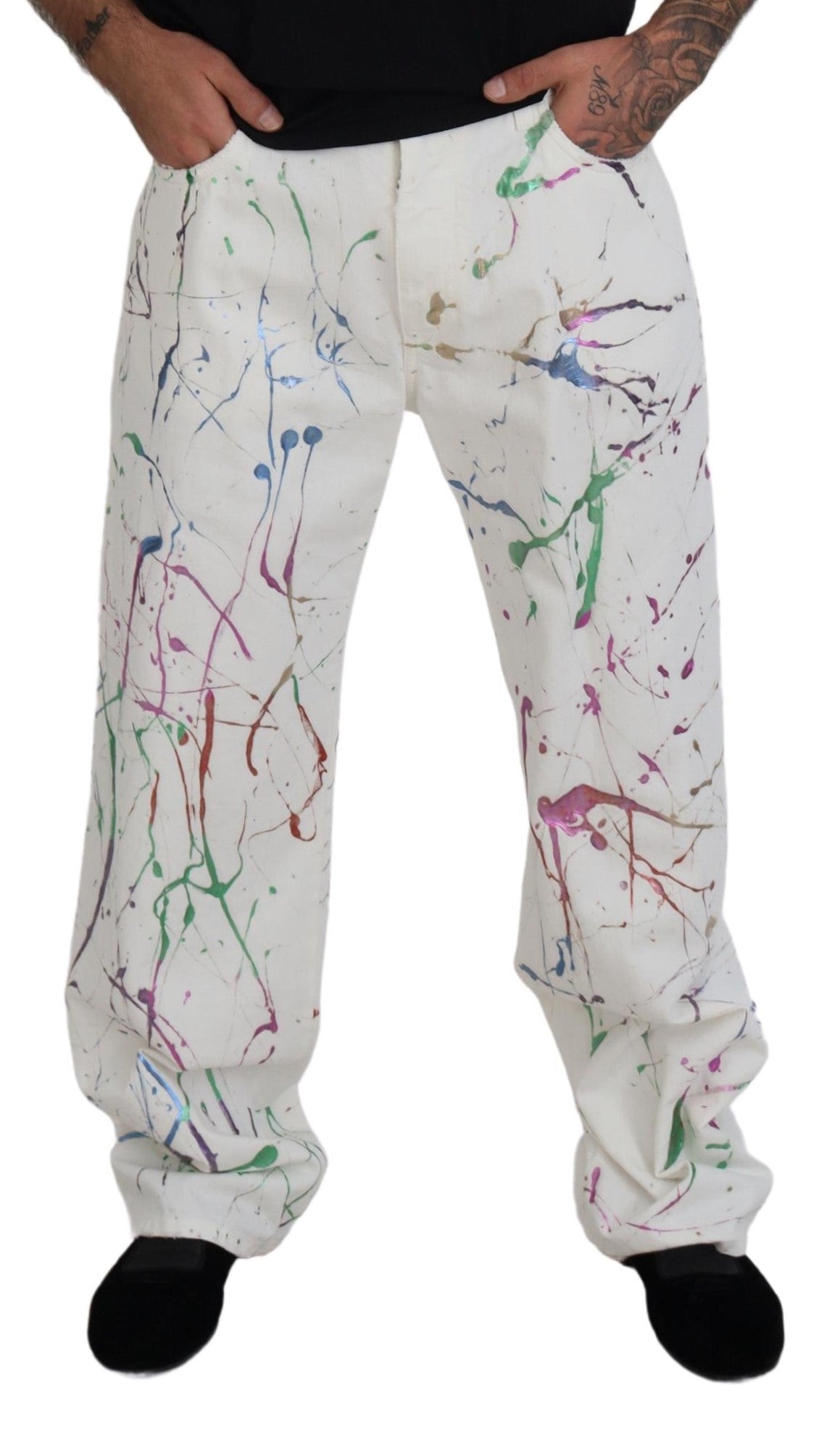 Witte katoenen denim broek met kleurspattenprint