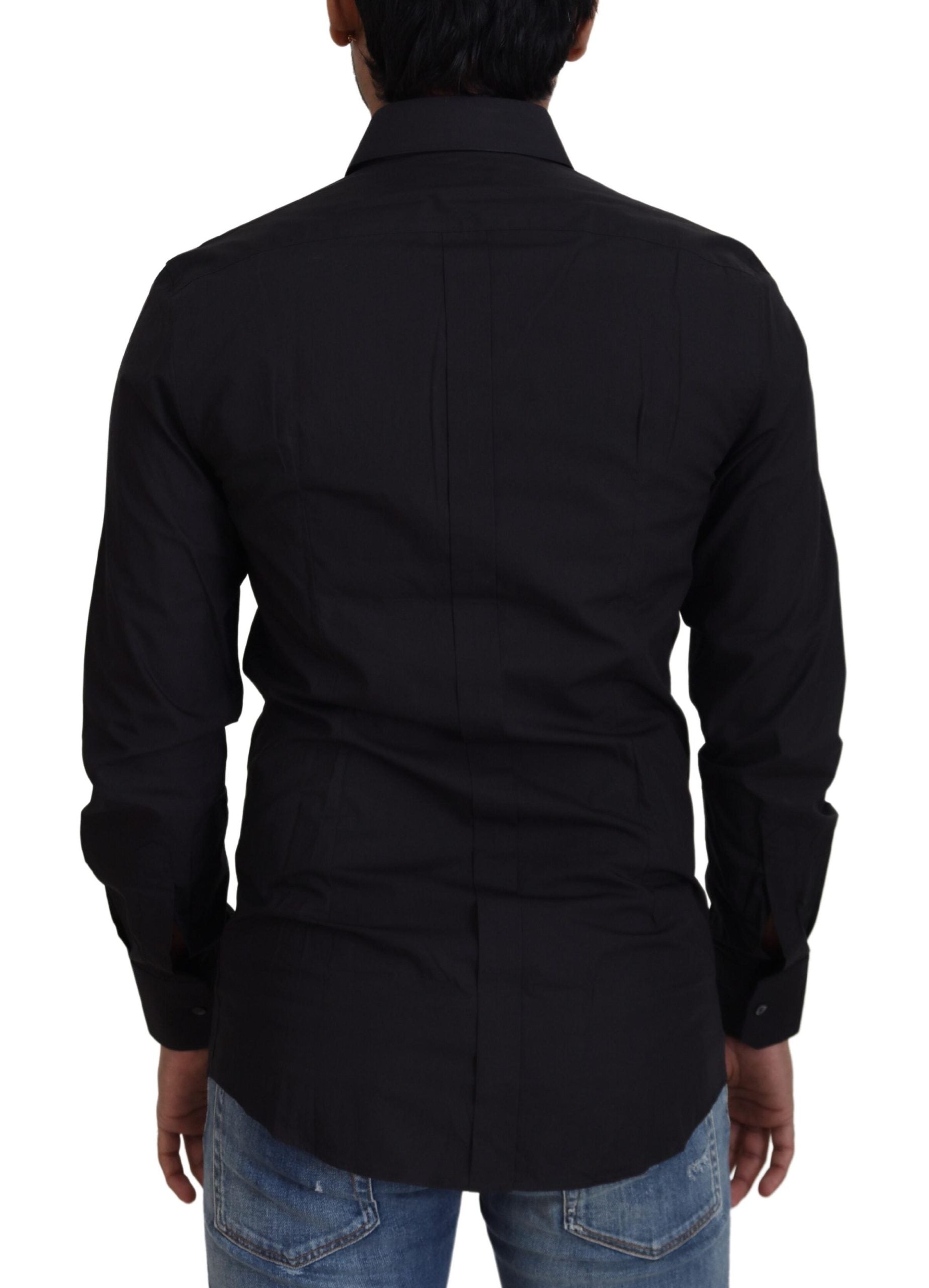 Zwart katoenen slim fit formeel overhemd met goudkleurige details