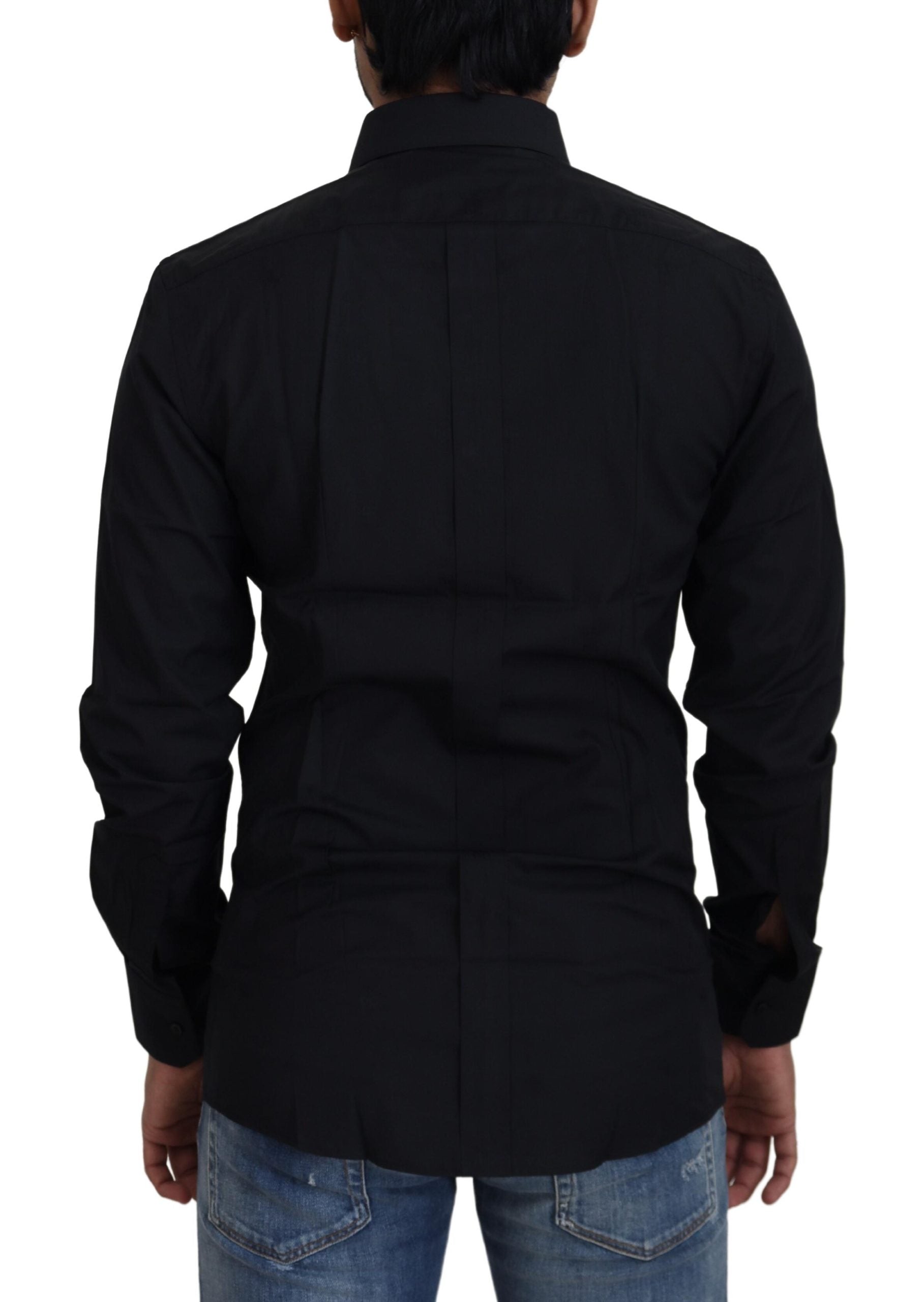 Zwart katoenen slim fit formeel overhemd met goudkleurige details