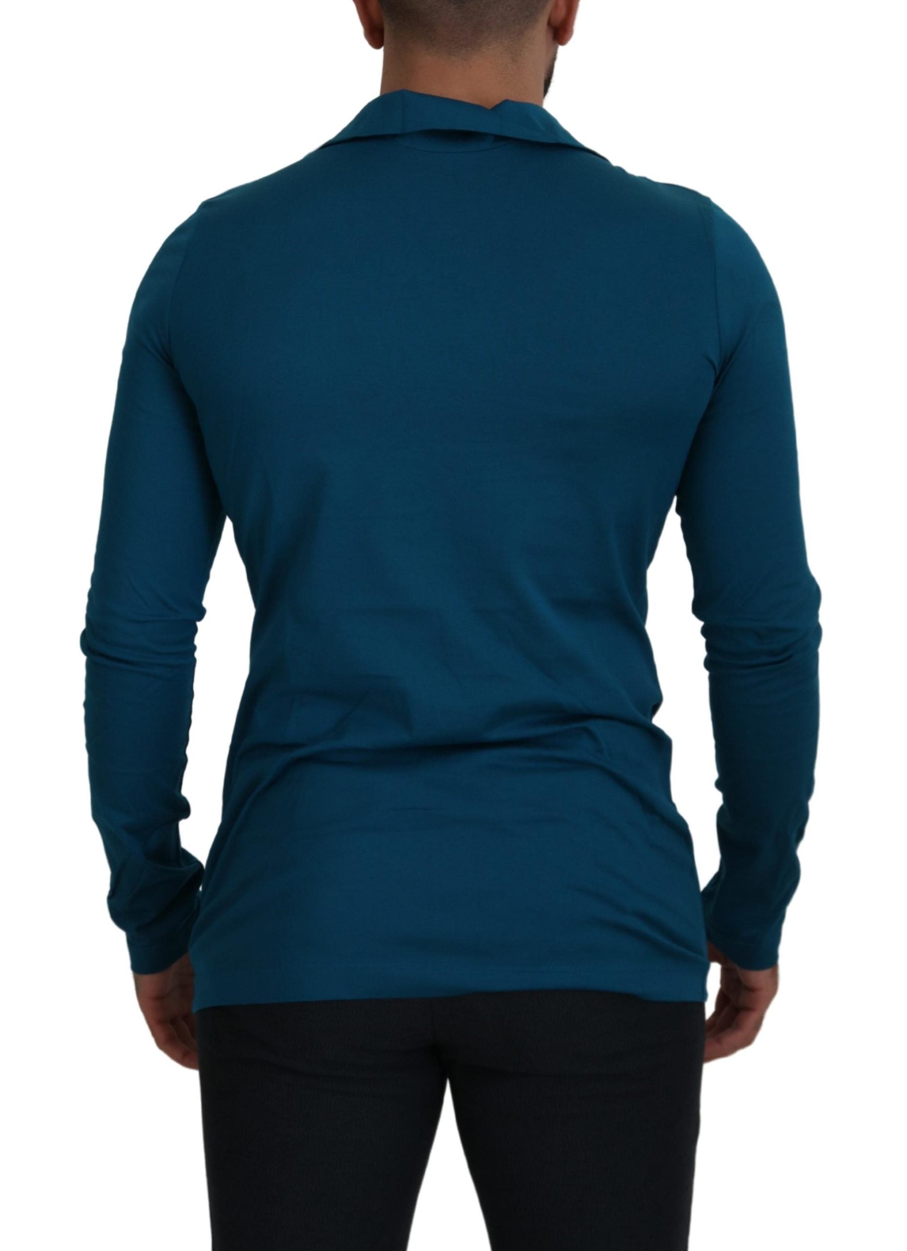 Blauwe katoenen kraagsweater met smalle kraag