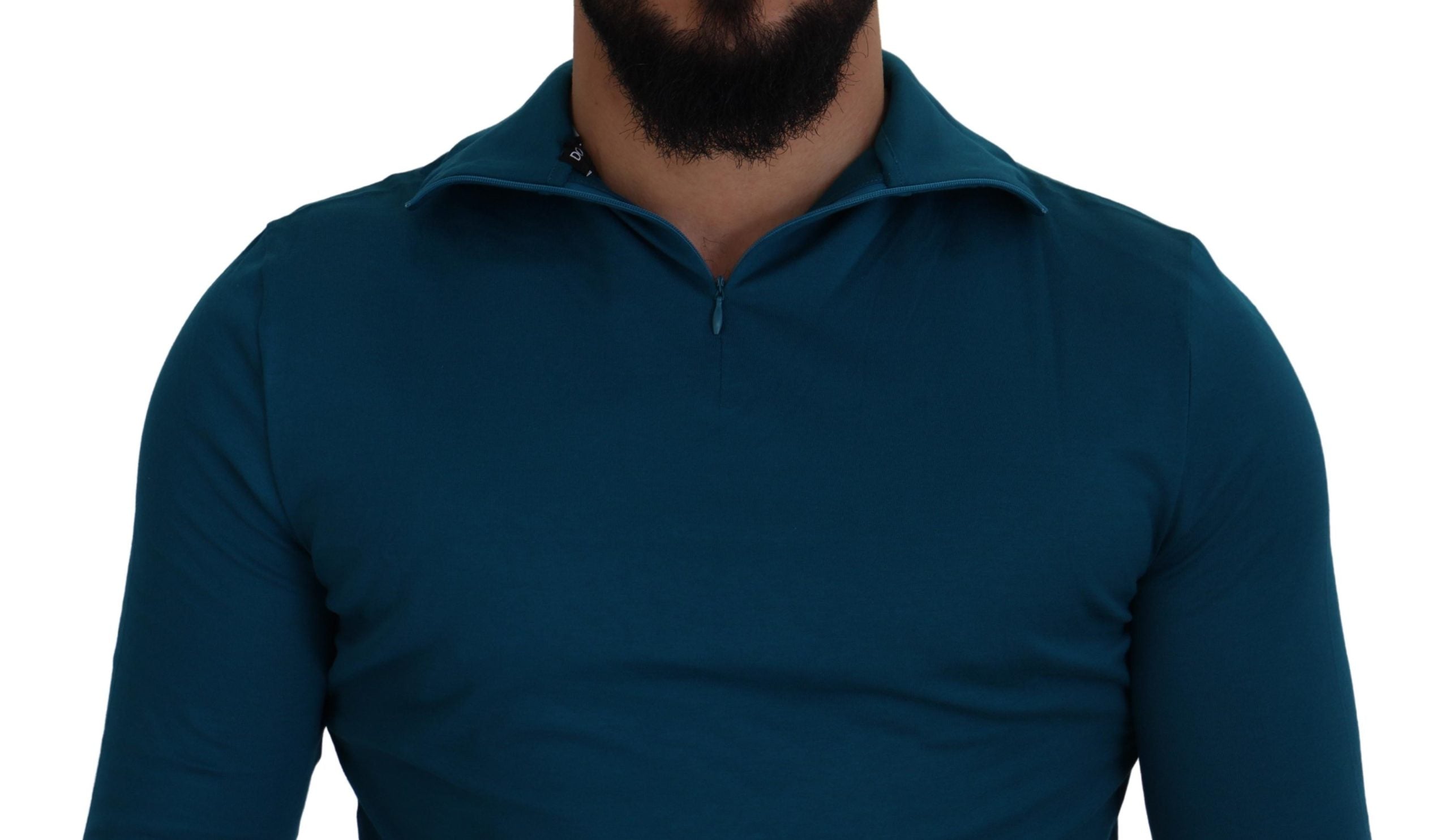 Blauwe katoenen kraagsweater met smalle kraag