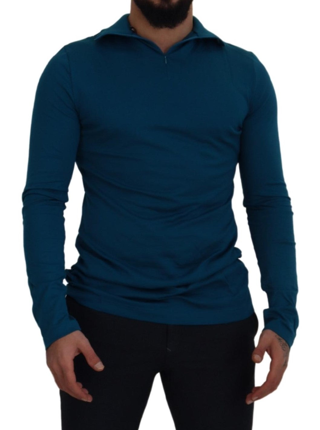 Blauwe katoenen kraagsweater met smalle kraag