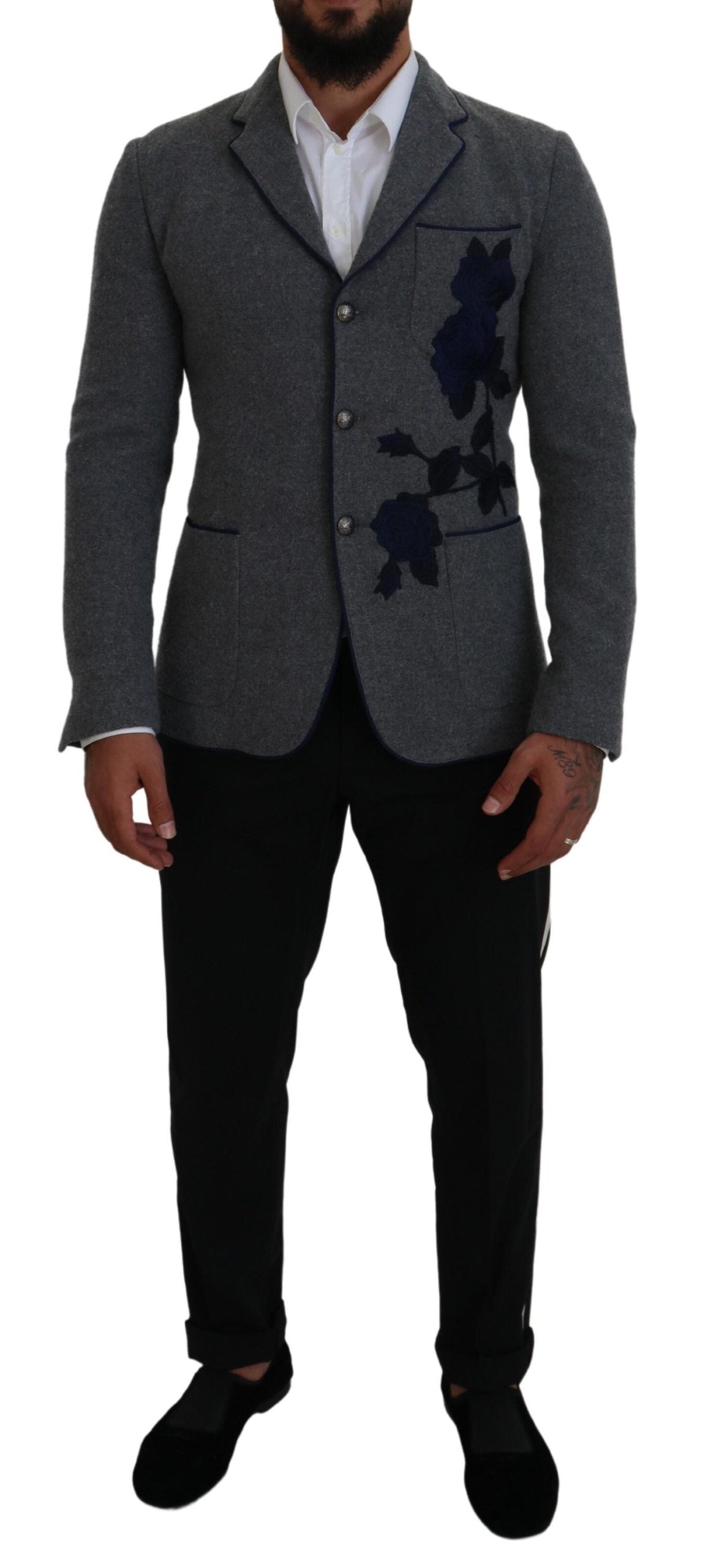 Grijze wollen rozen slim fit jasje blazer