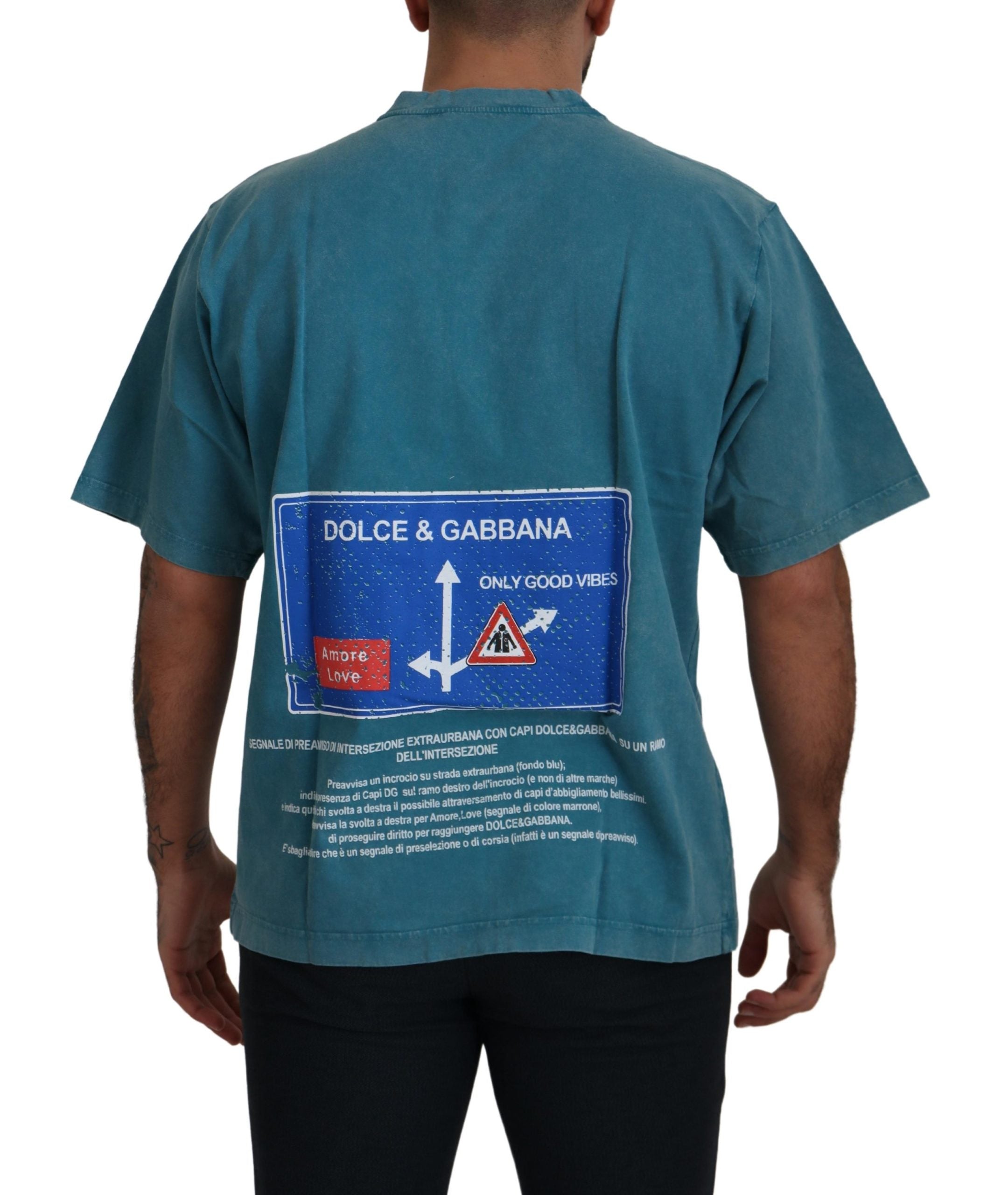 Blauw logo-print ronde hals katoenen T-shirt