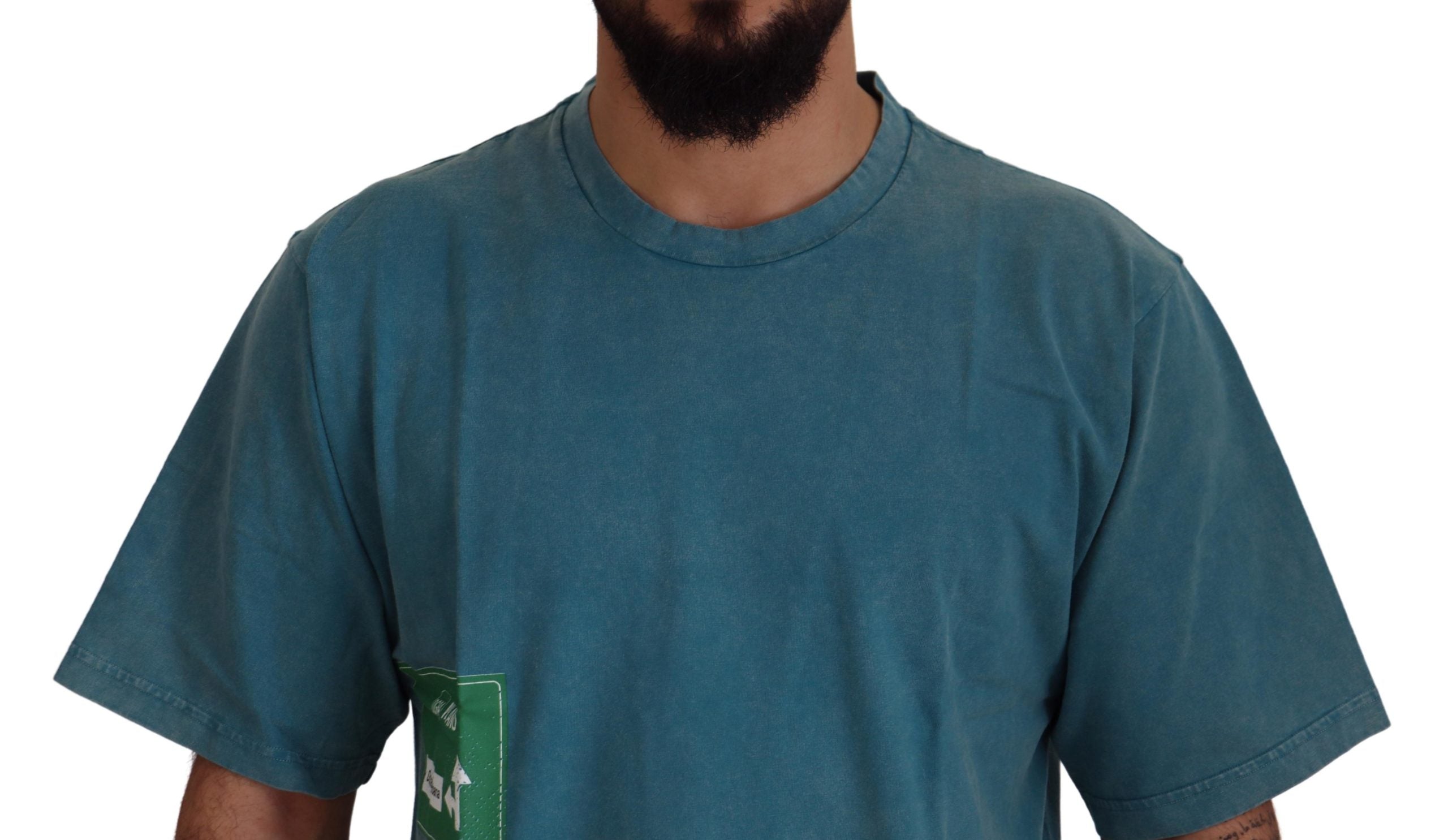 Blauw logo-print ronde hals katoenen T-shirt