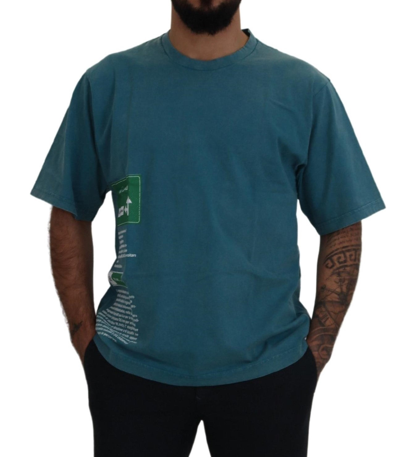 Blauw logo-print ronde hals katoenen T-shirt