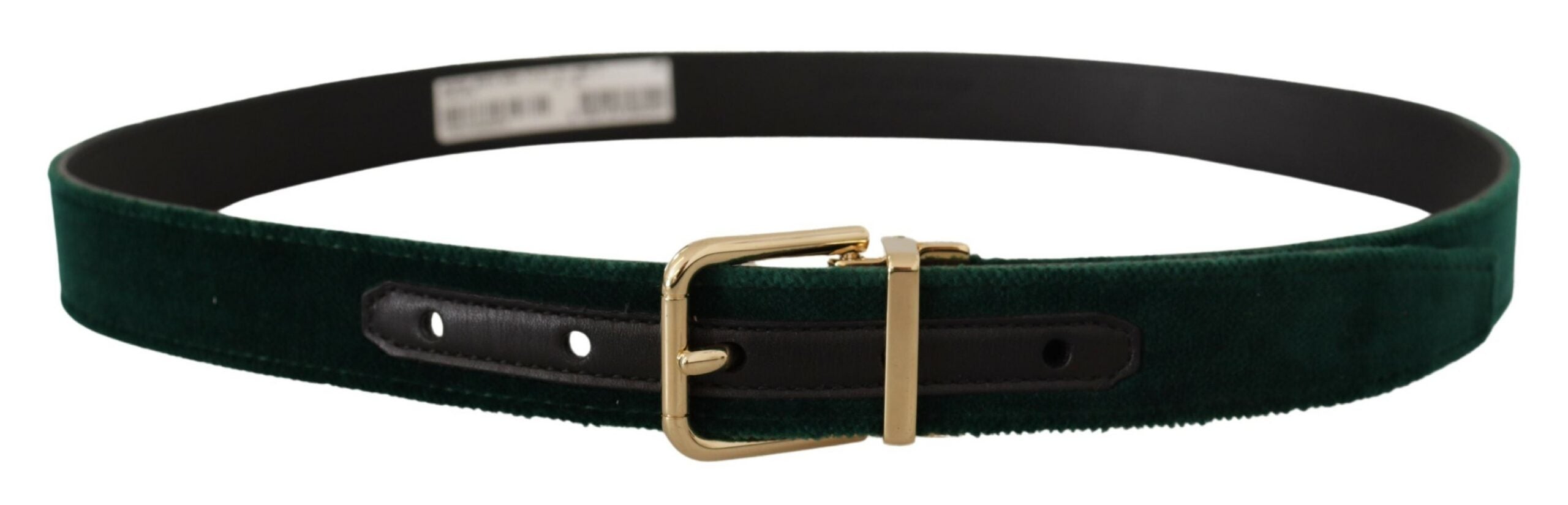 Groene fluwelen leren riem met goudkleurig metalen logo