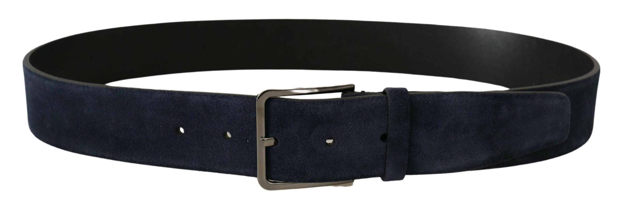 Marineblauwe fluwelen leren riem met zilveren logogesp