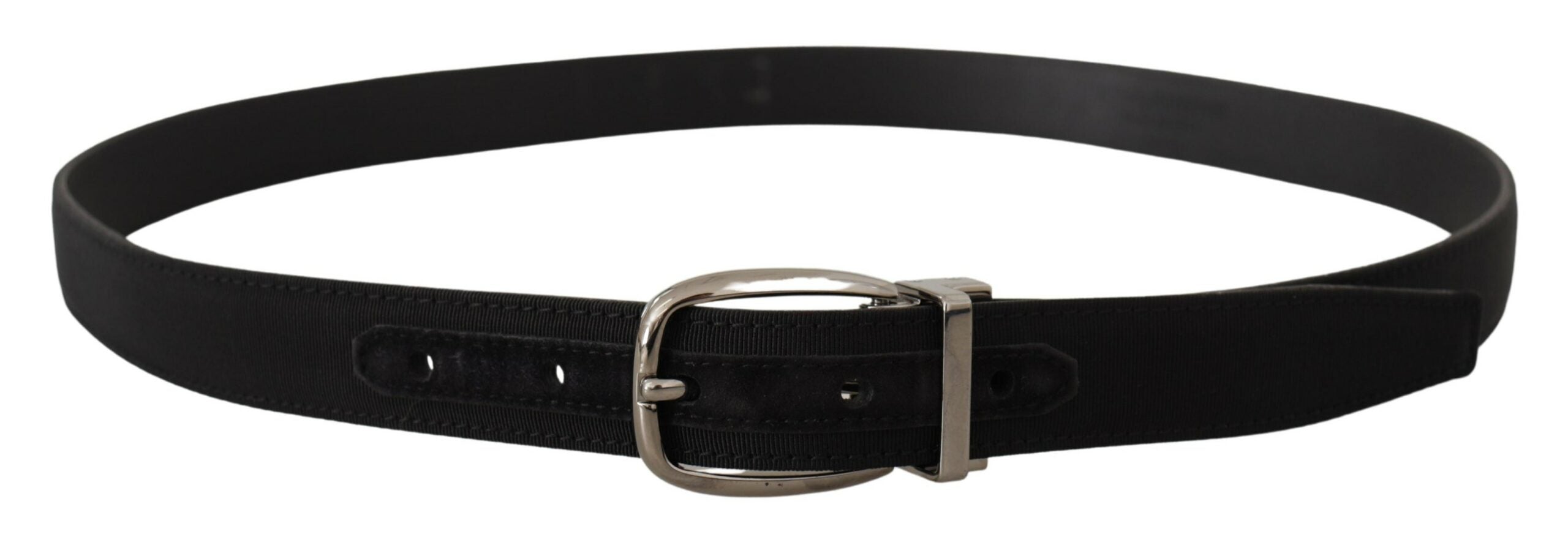 Zwarte Grosgrain leren riem met zilveren logogesp