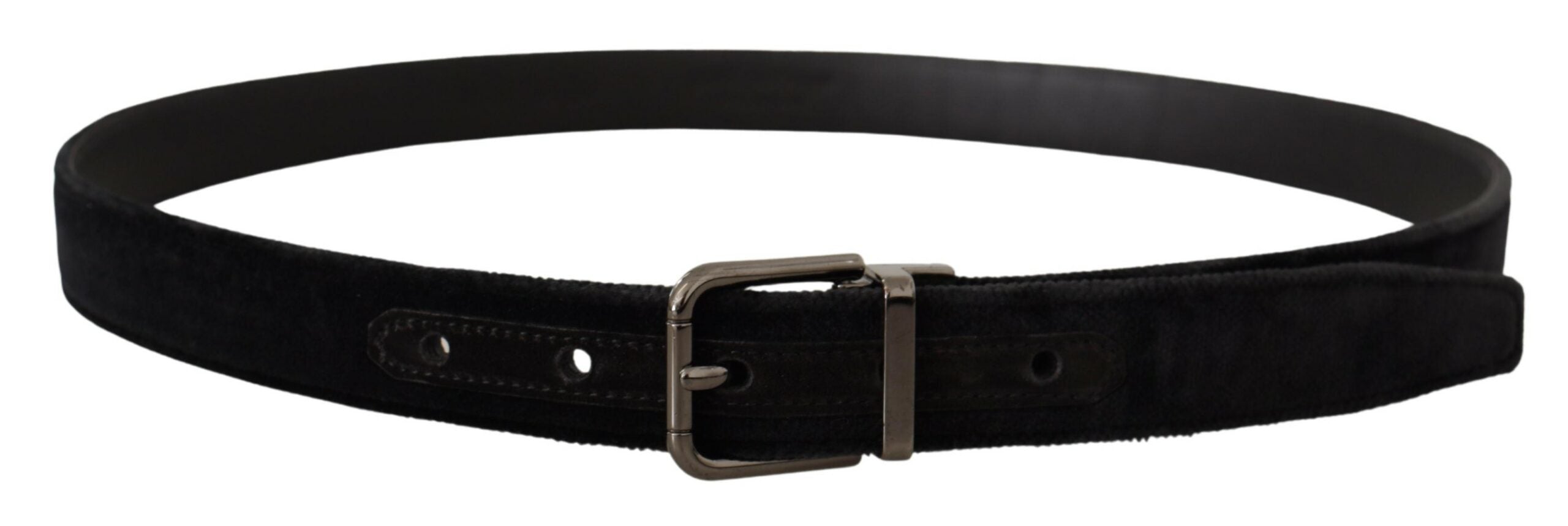 Zwarte fluwelen riem met zilveren logo en metalen gesp
