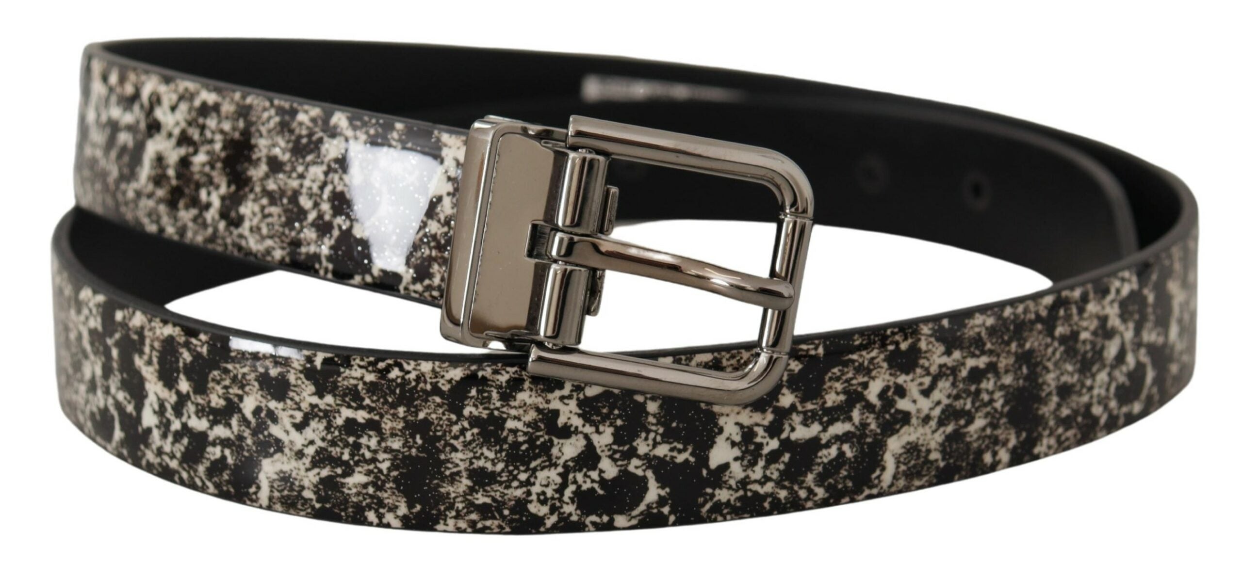 Zwarte leren riem met marmerprint en zilveren logogesp