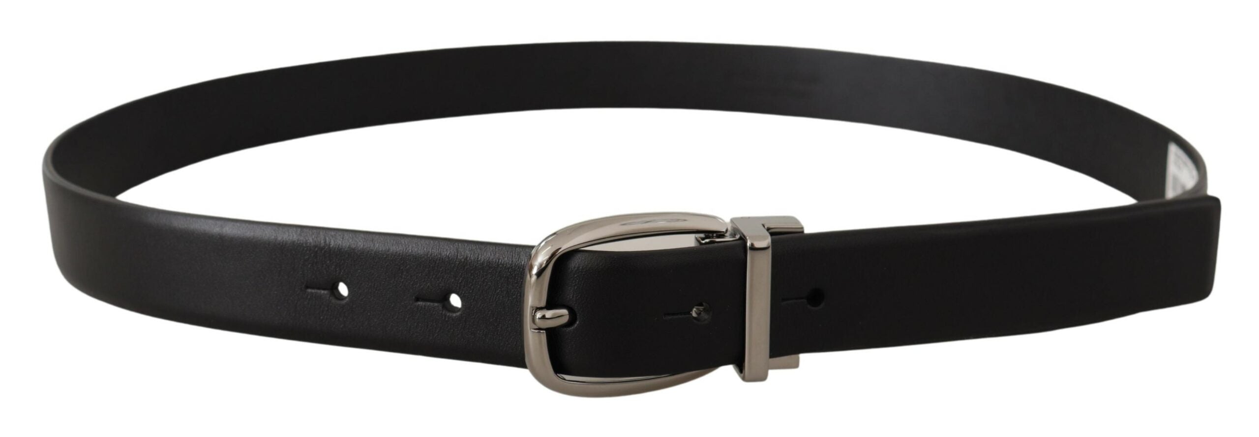 Zwarte leren zilveren metalen chromen logo gesp riem