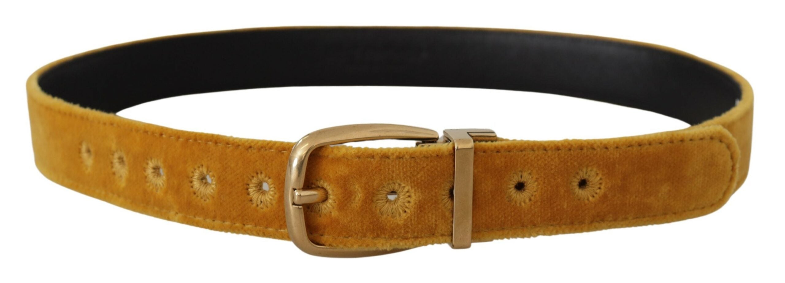 Mosterdkleurige fluwelen riem met gouden logo en metalen gesp