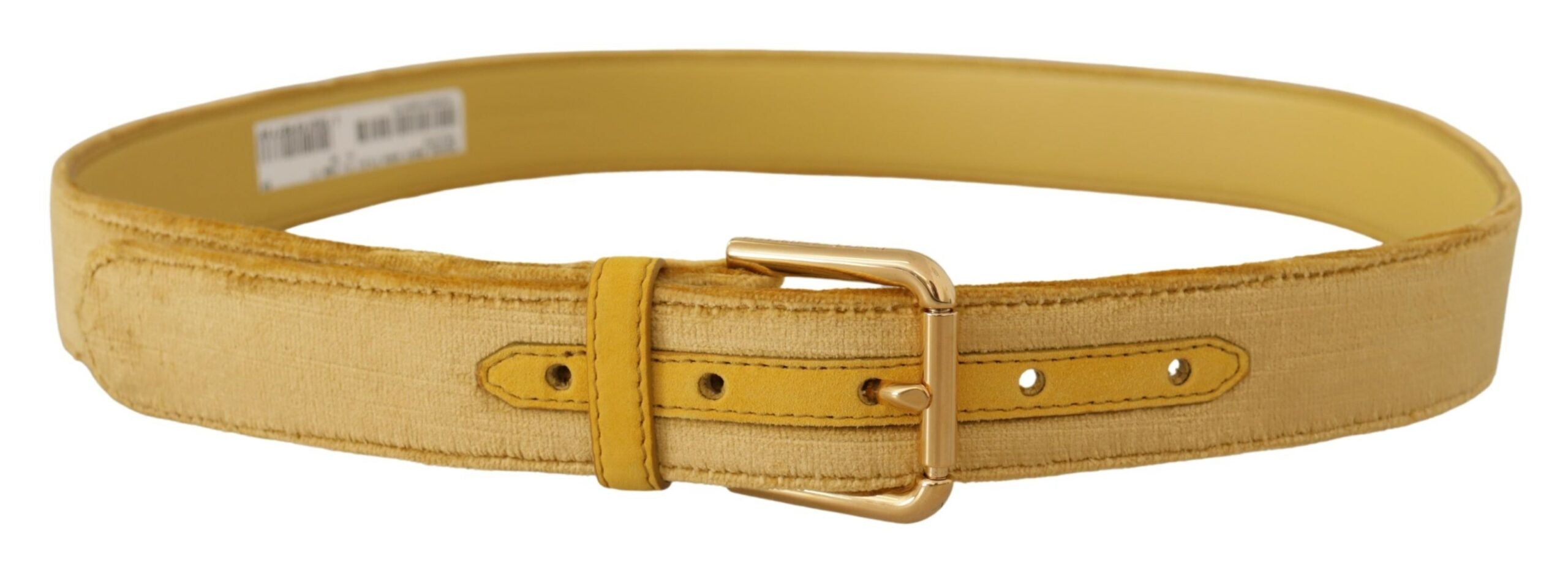 Gele fluwelen riem met gouden metalen logo en gegraveerde gesp