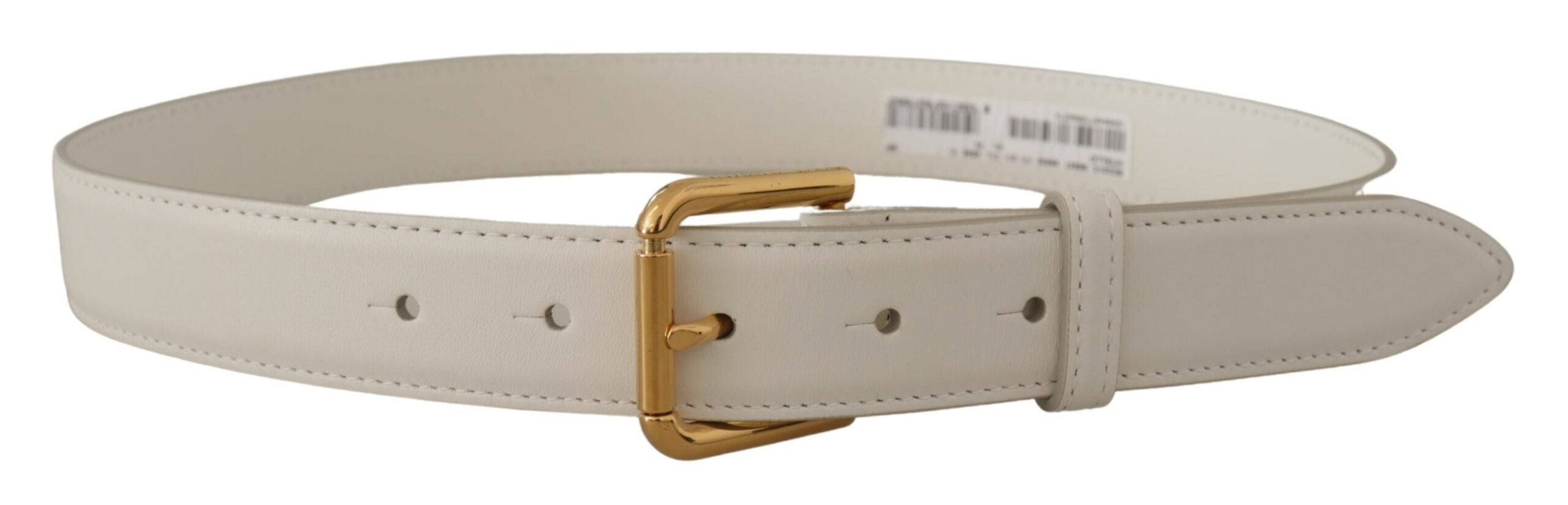 Witte kalfsleren riem met gouden logo en metalen gesp