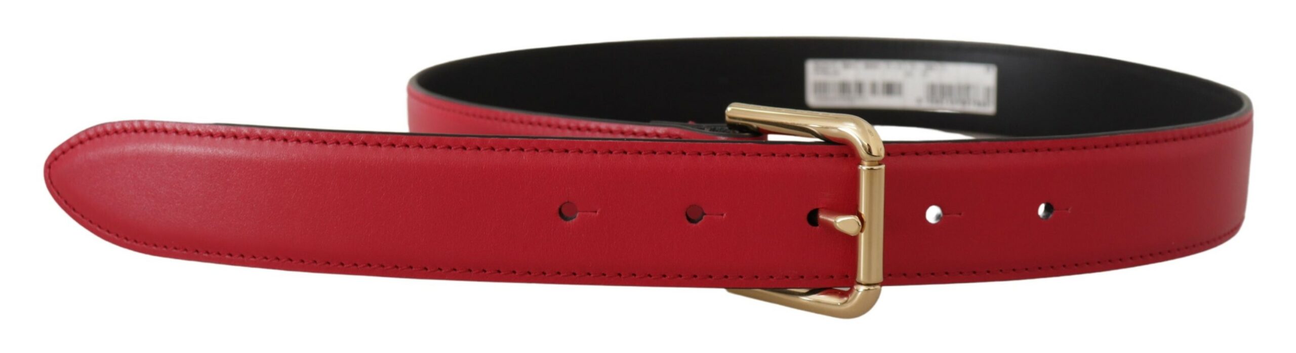 Rode kalfsleren riem met gouden logo en metalen gesp