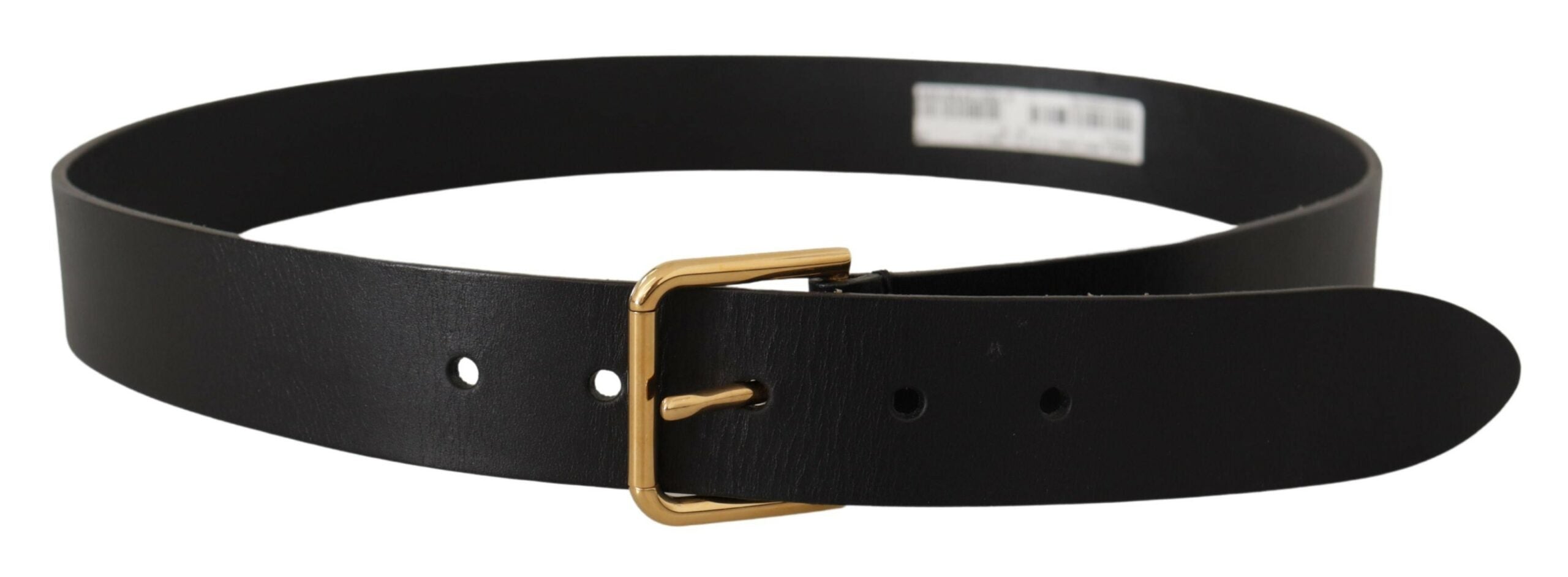 Zwarte kalfsleren riem met gouden logo en metalen gesp