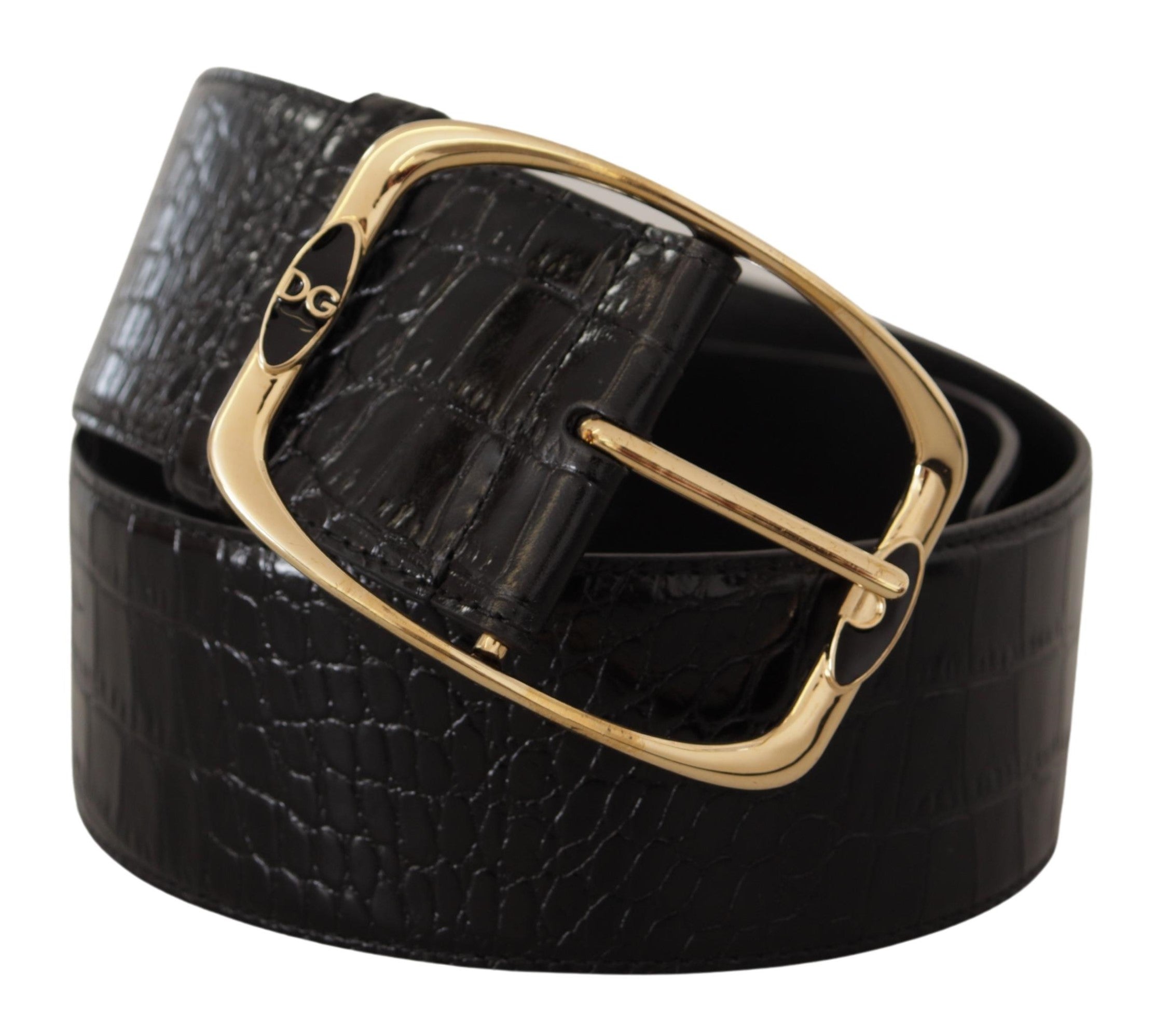 Zwarte riem met krokodillenprint en goudkleurig metalen DG-logo