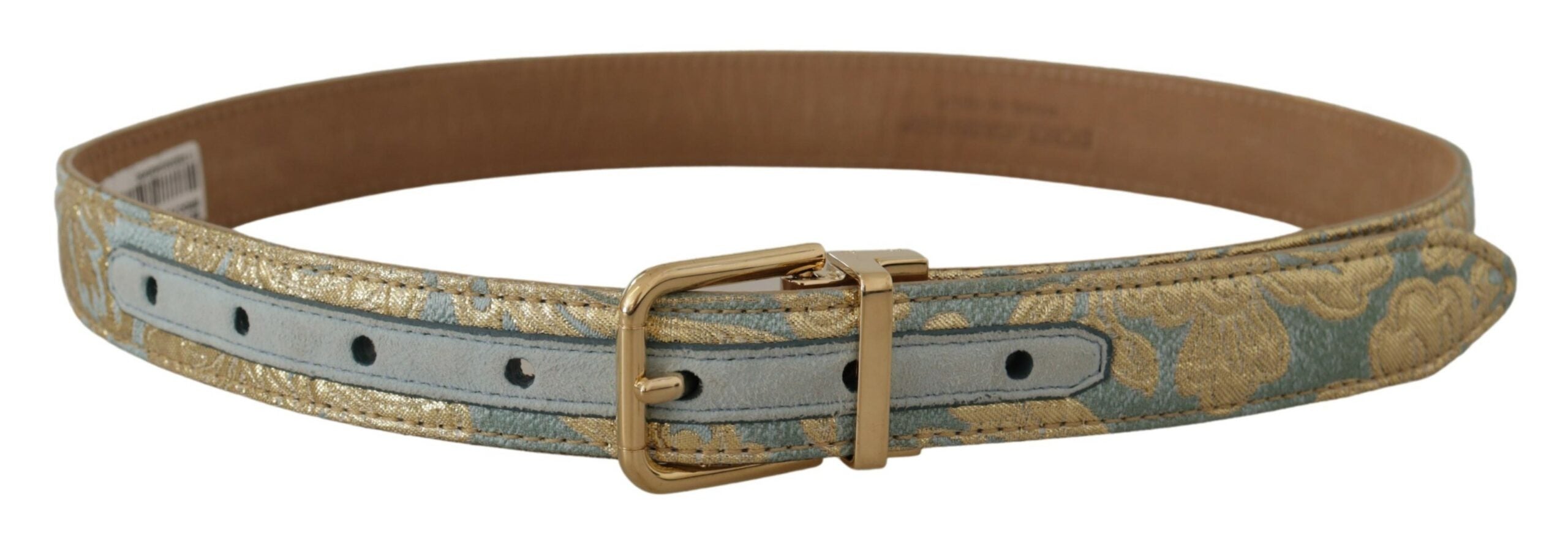 Blauwe leren jacquard reliëf riem met gouden metalen gesp