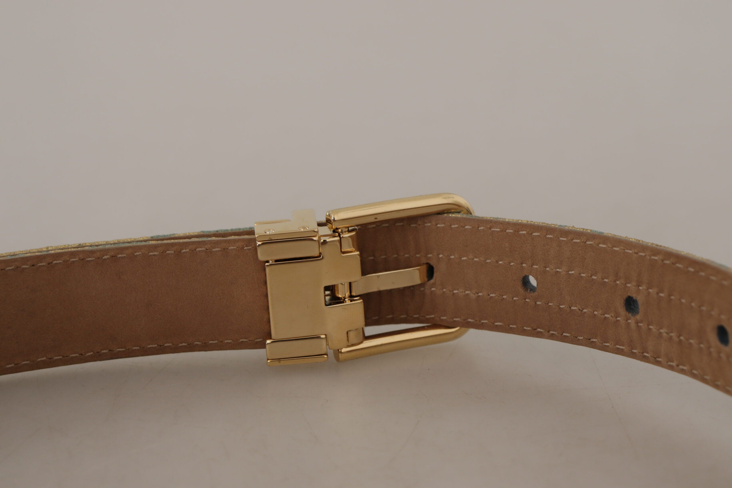 Blauwe leren jacquard reliëf riem met gouden metalen gesp