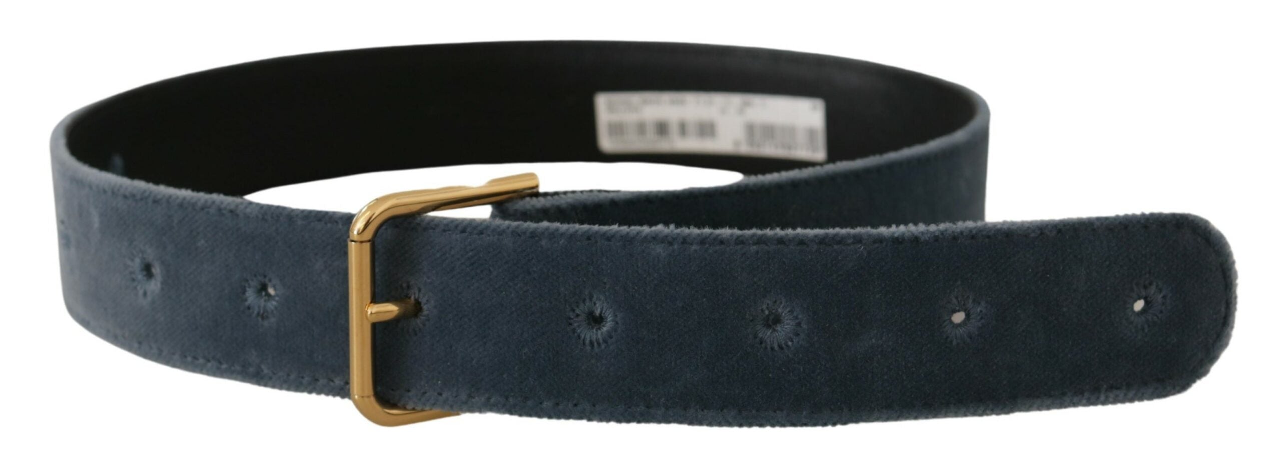 Marineblauwe fluwelen tailleriem met metalen logo en gouden gesp