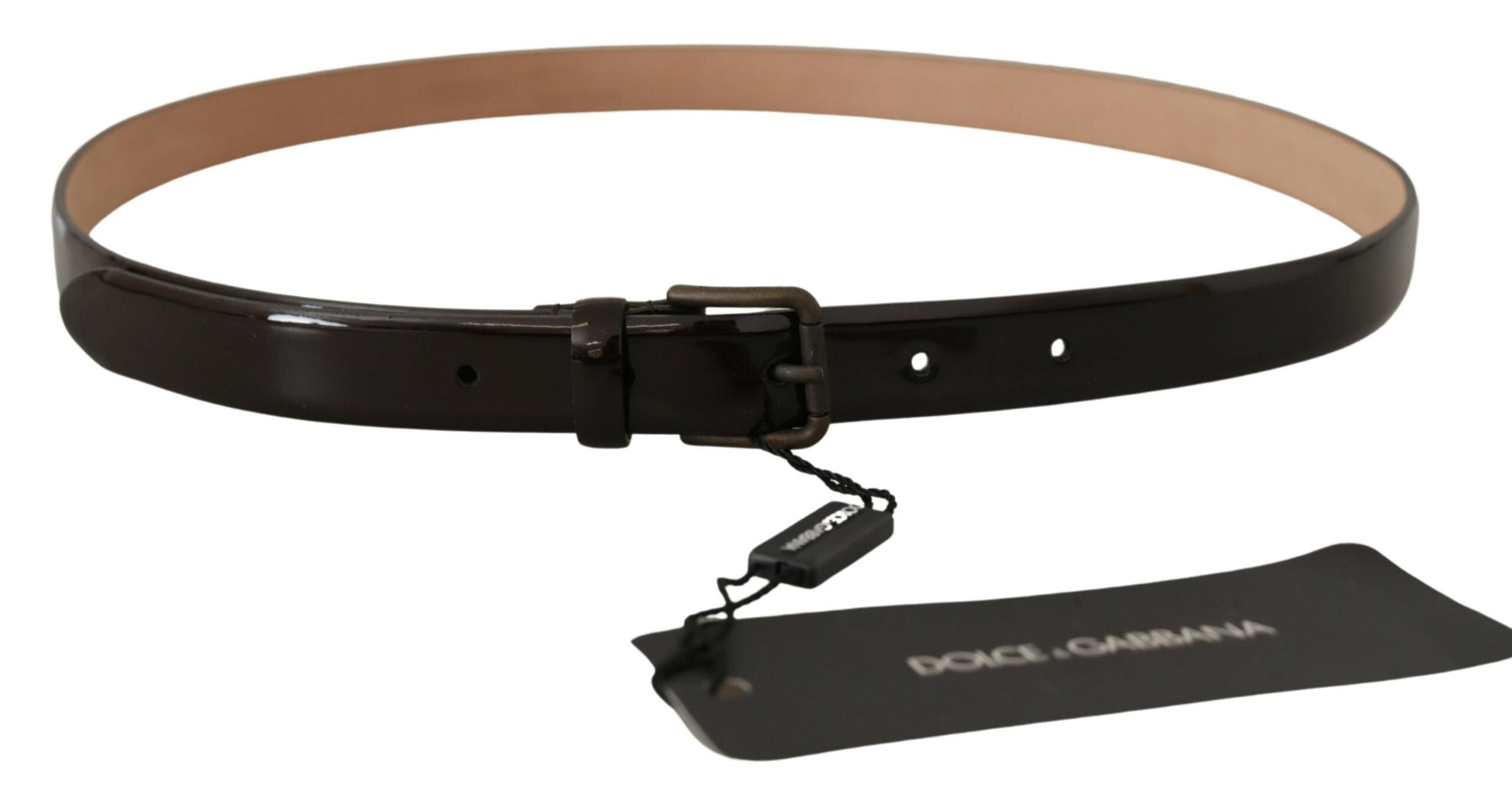 Zwarte lakleren riem met metalen gesp en logo