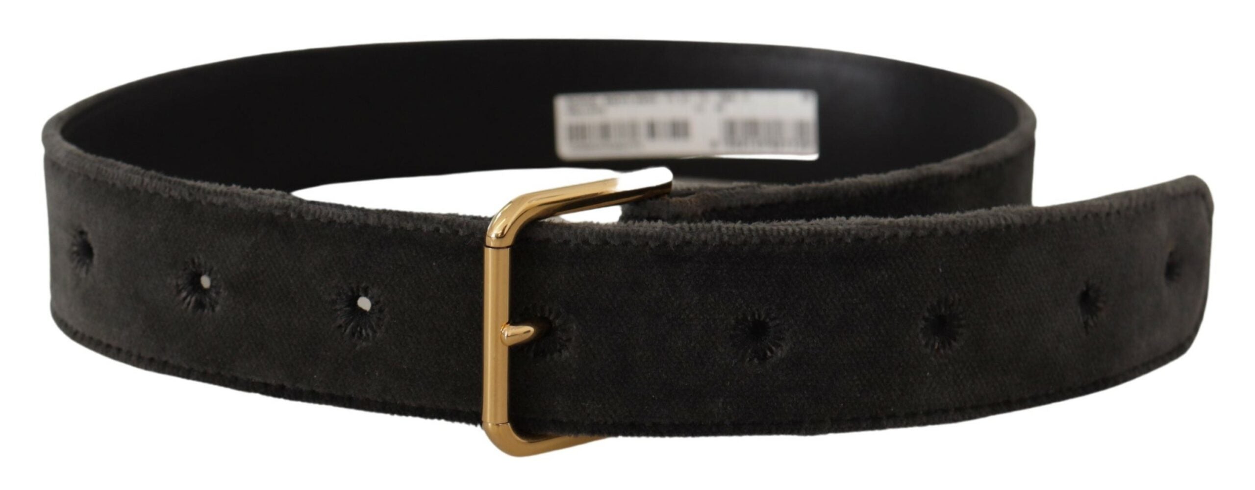 Bruine fluwelen riem met gouden logo en metalen gesp