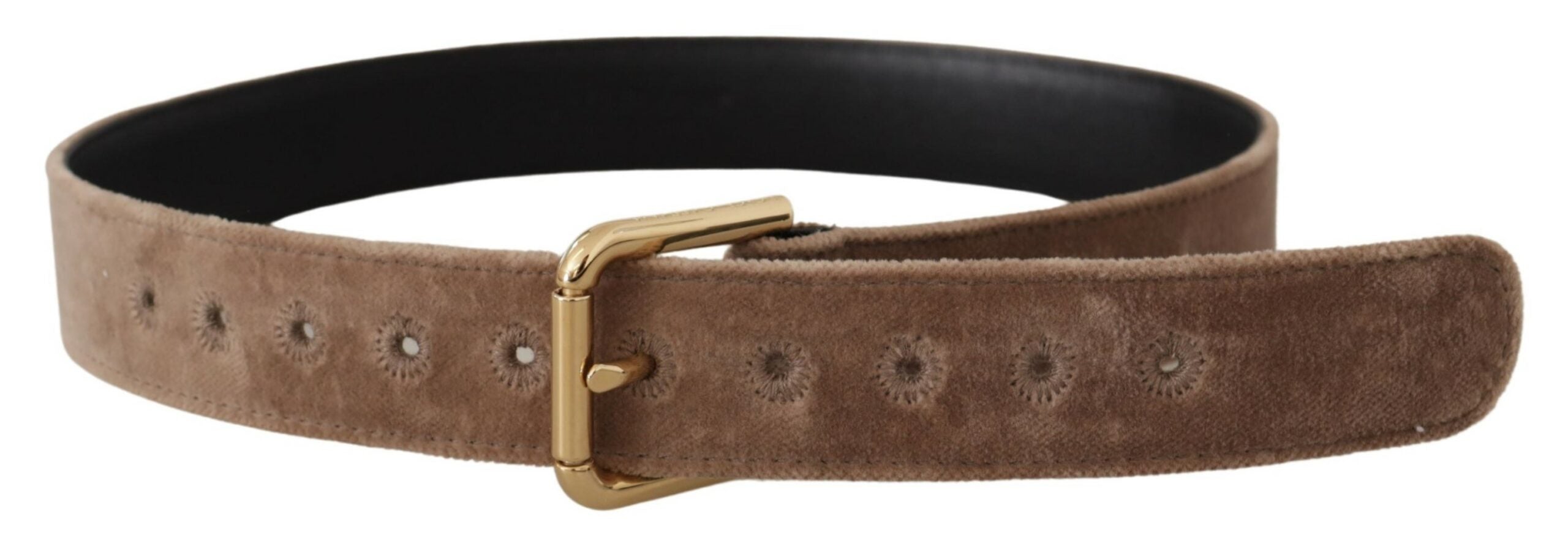 Lichtbruine fluwelen riem met gouden logo en metalen gesp