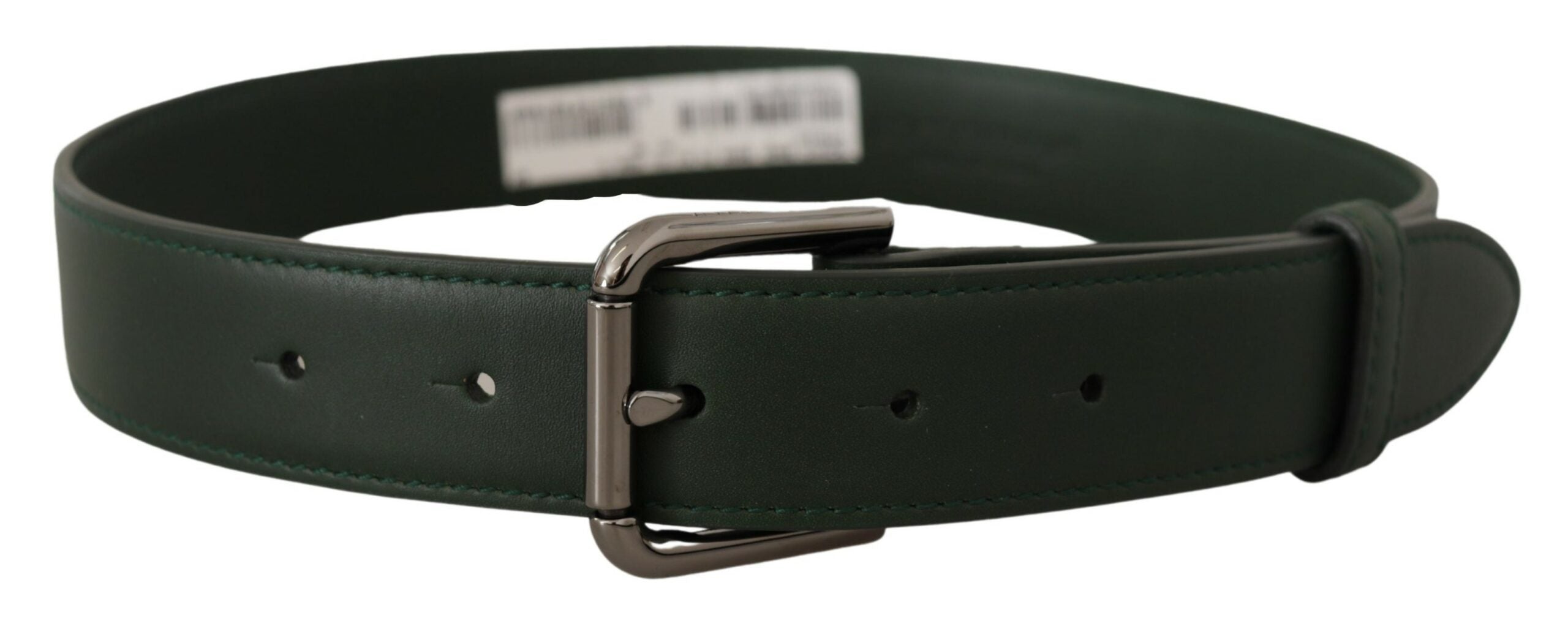 Legergroene leren riem met metalen gesp en logo