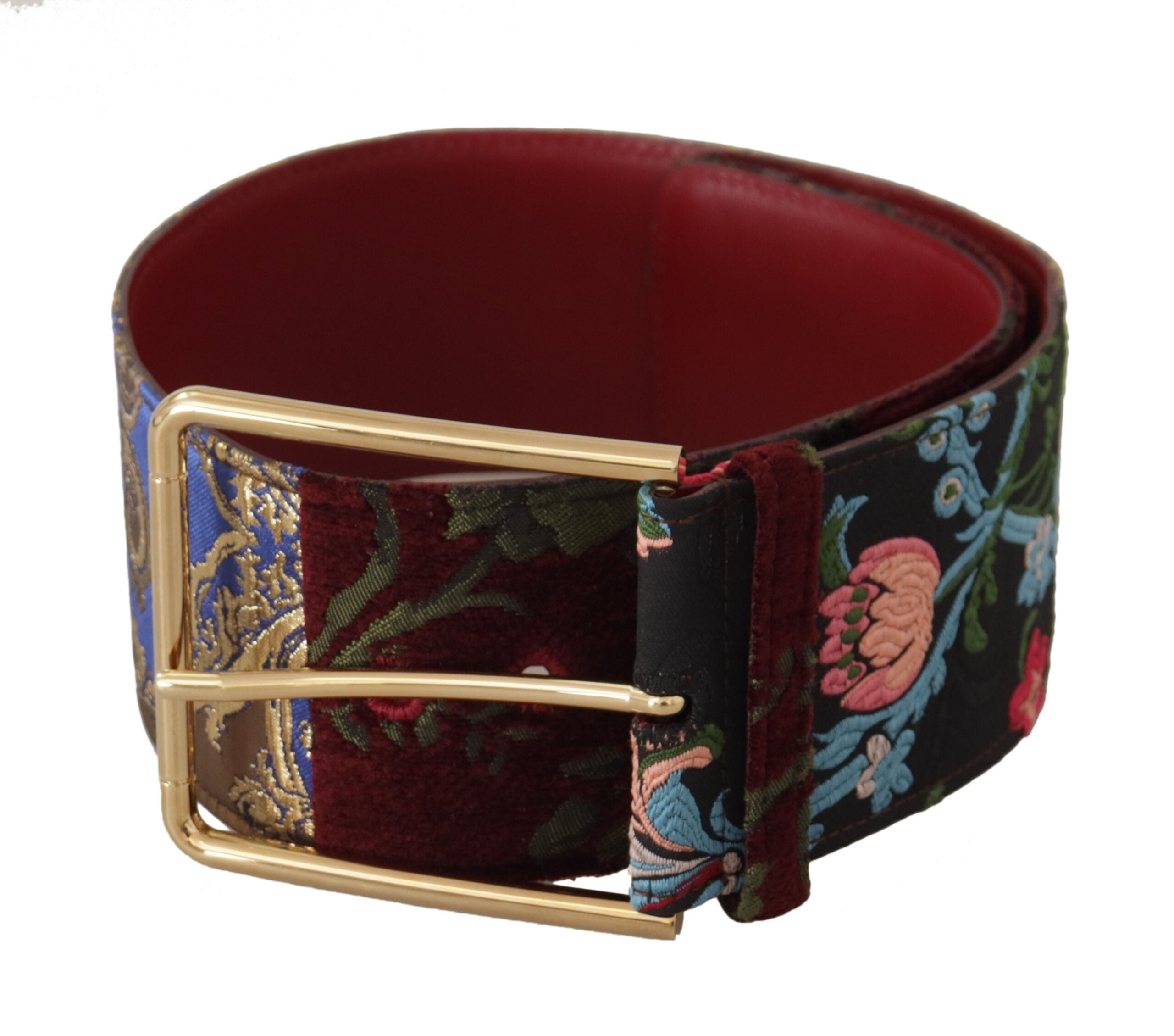 Rode geborduurde leren riem met gouden logo en metalen gesp