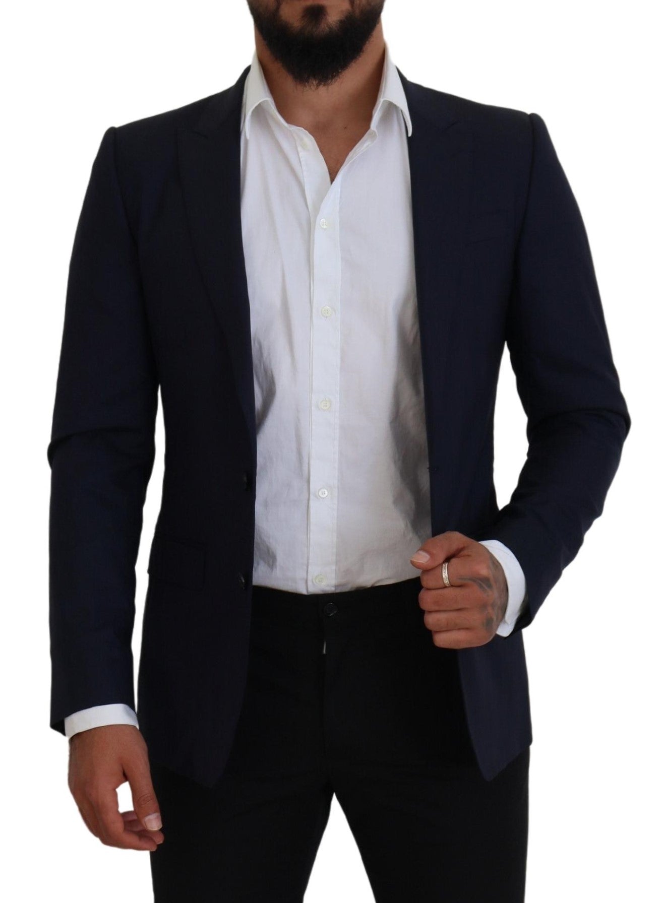 Blauwe wollen slim fit formele jasblazer