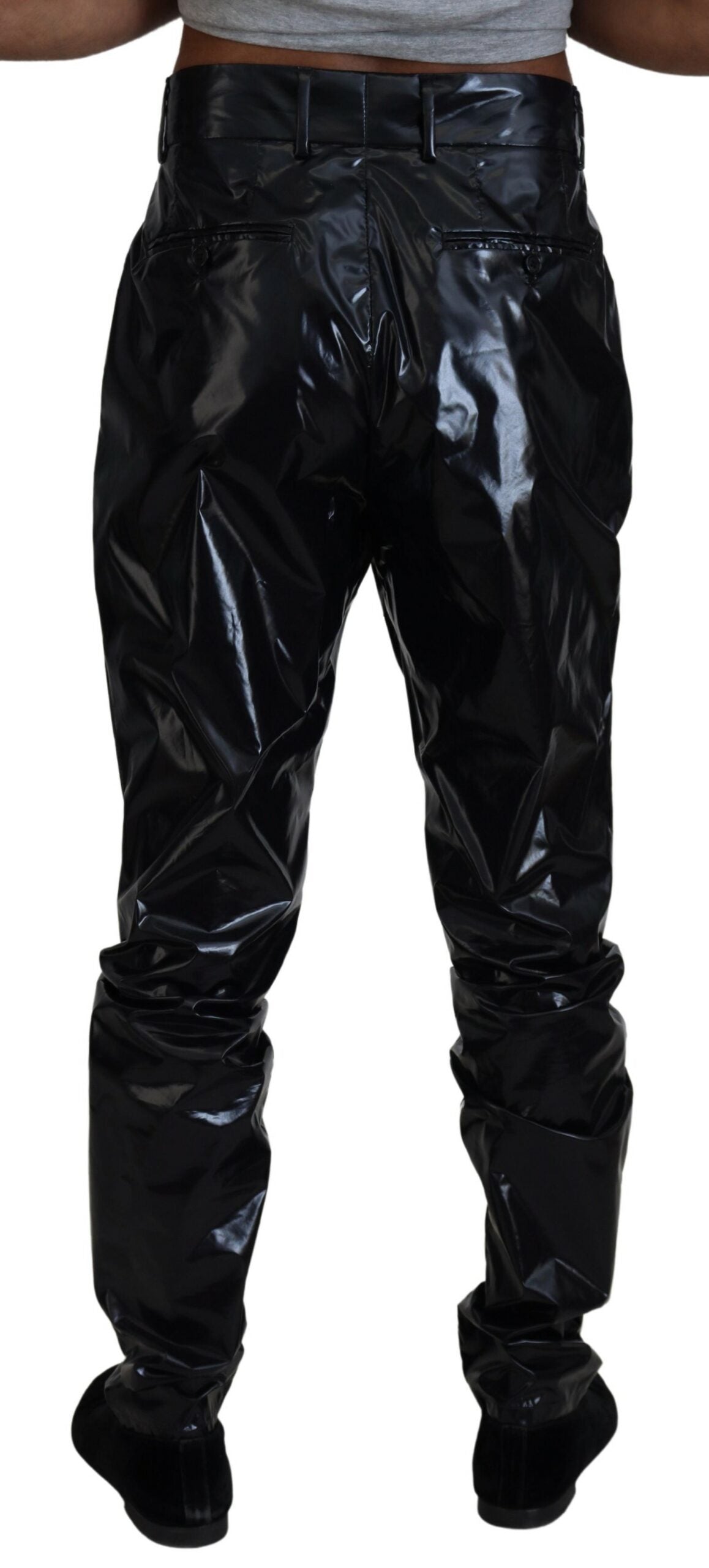 Zwarte glanzende nylon skinny herenbroek