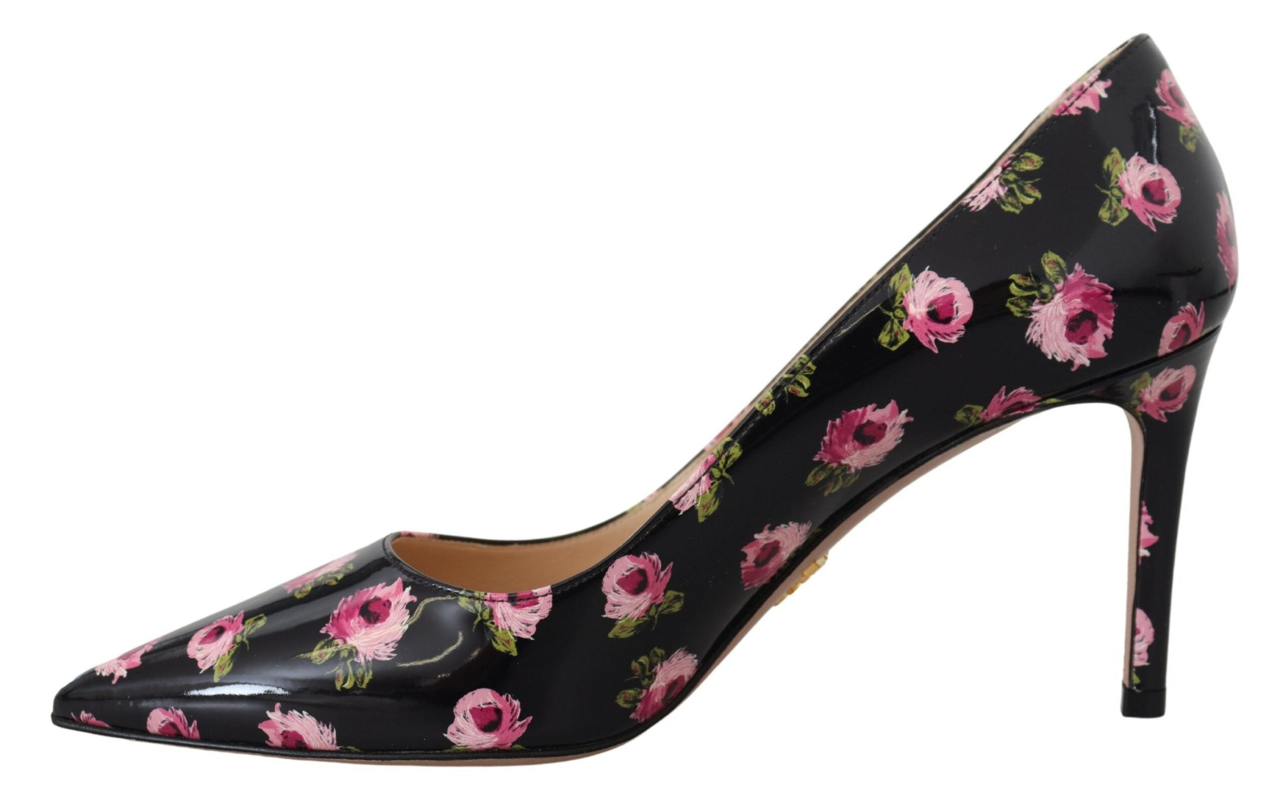 Zwarte leren bloemenhakken, stiletto's en pumps