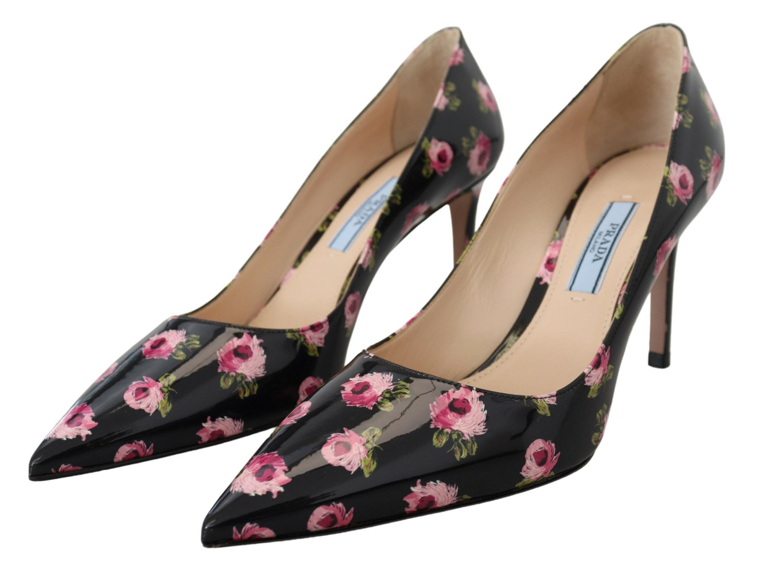 Zwarte leren bloemenhakken, stiletto's en pumps