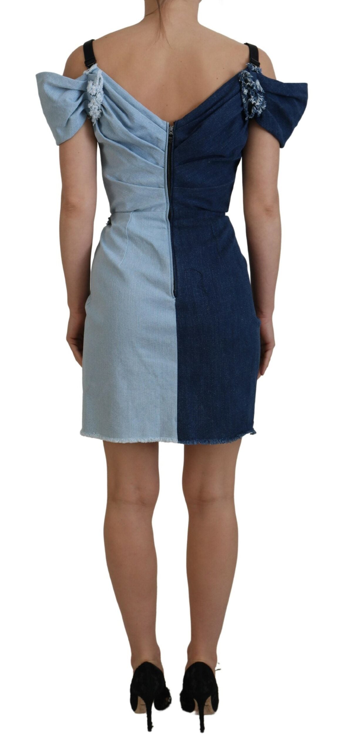 Tweekleurige blauwe patchwork denim mini-jurk