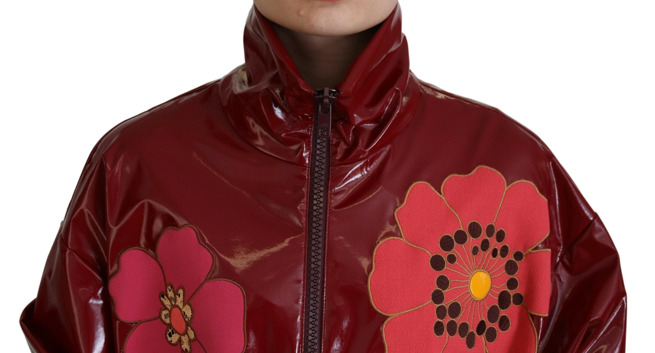 Kastanjebruine bloemen polyester damesjas met volledige ritssluiting
