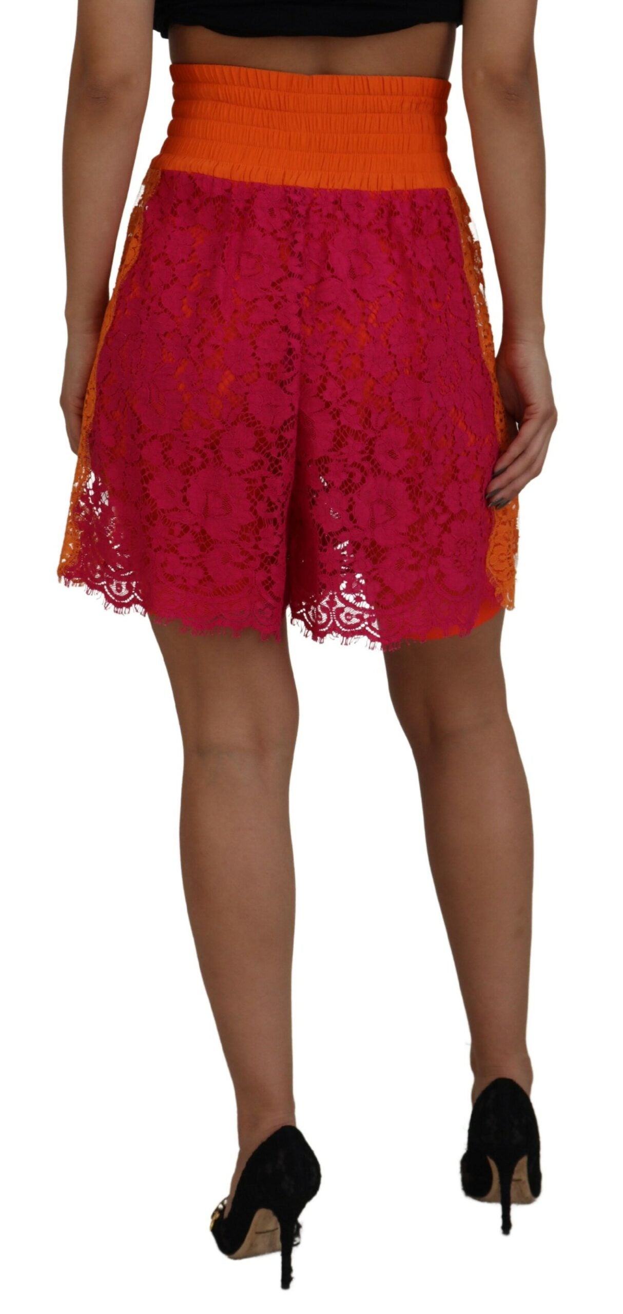 Roze oranje kanten katoenen shorts met hoge taille