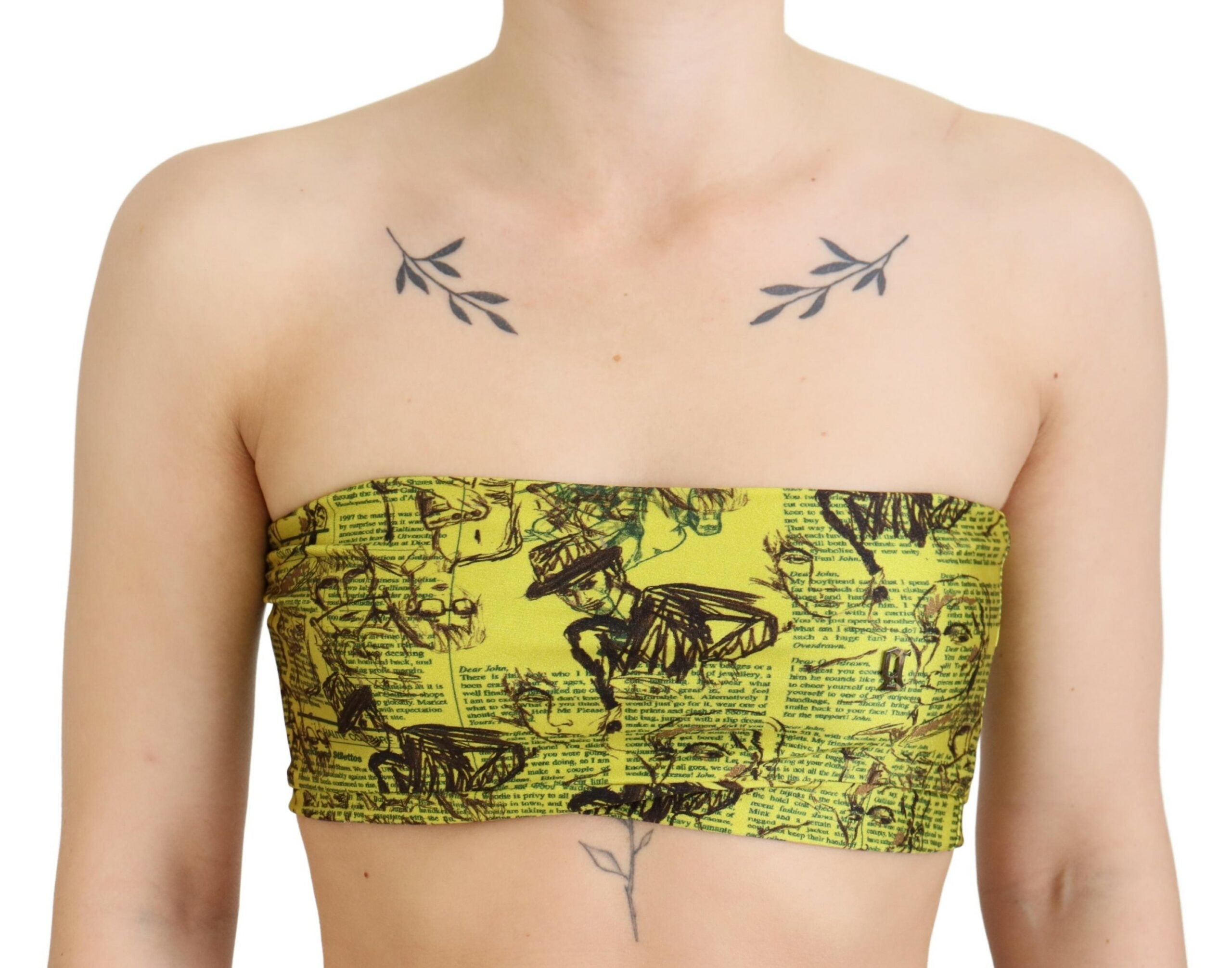 Gele cropped blouse met krantenprint