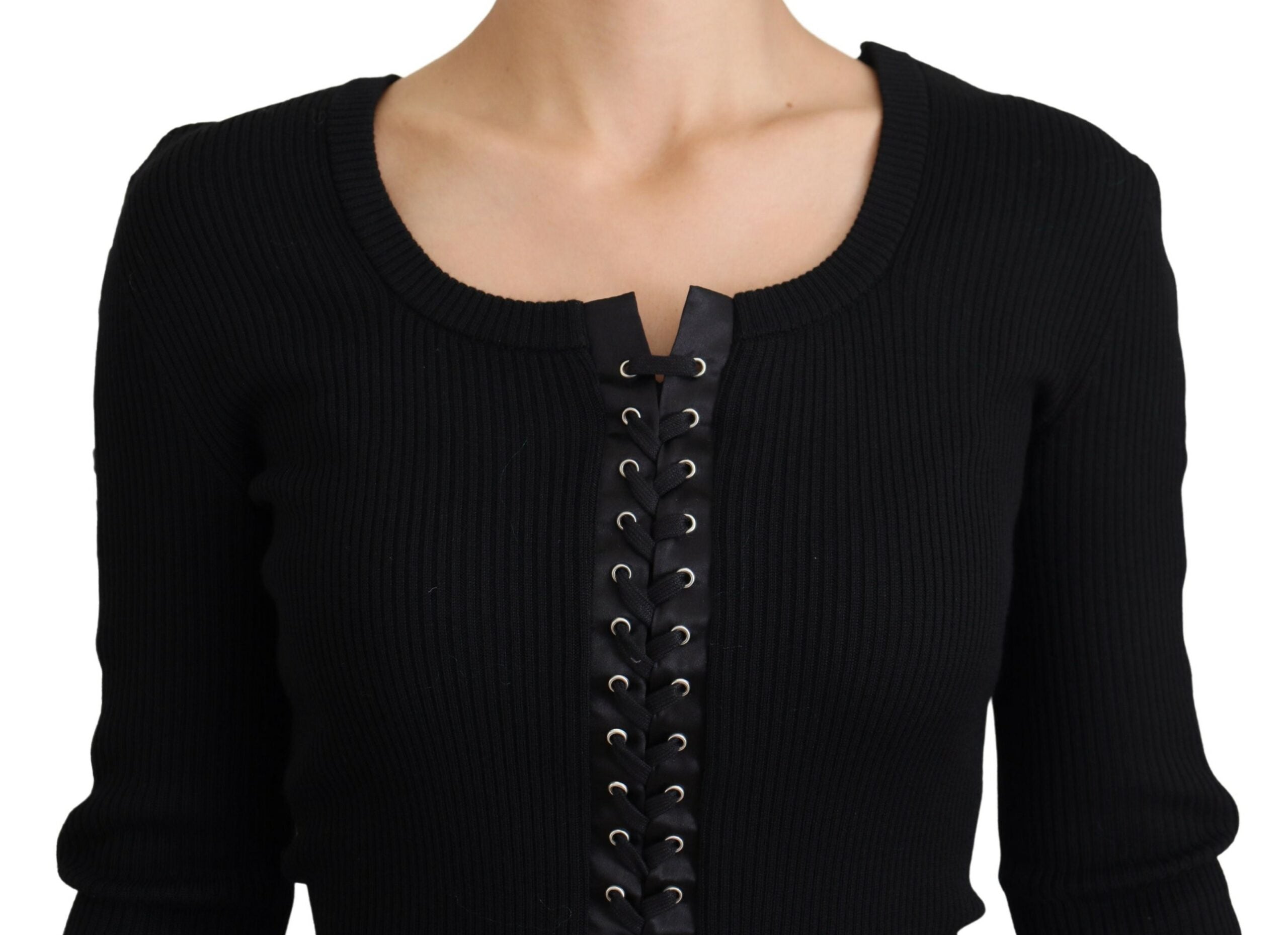 Zwarte wollen gebreide slim fit trui met strik