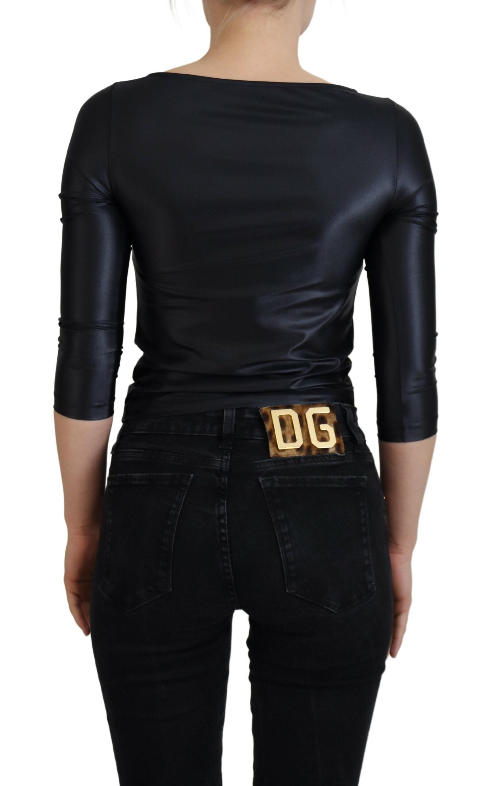 Zwarte katoenen stretch top met open borst en 3/4 mouwen